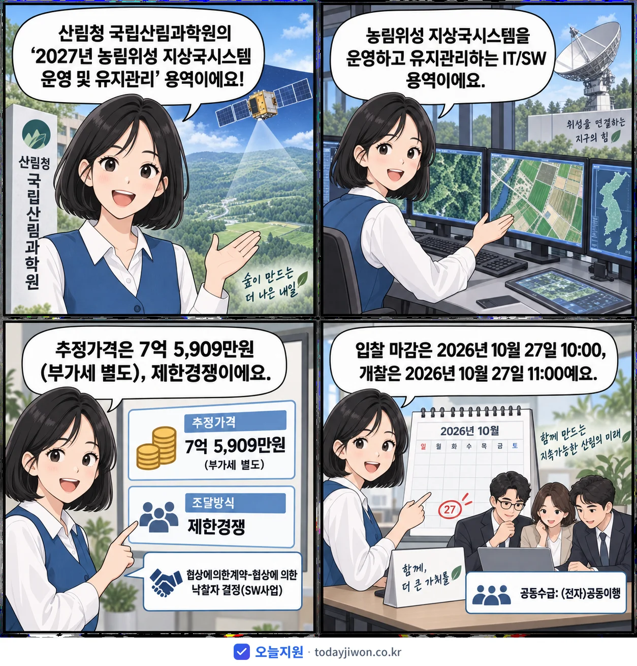 4컷 만화로 보는 공고: 산림청 국립산림과학원 '농림위성 지상국시스템 운영 및 유지관리', 추정가격 7억 5,909만원, 입찰 마감 10/27 10:00