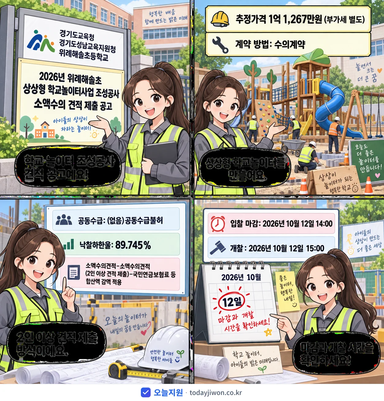 4컷 만화로 보는 공고: 경기도교육청 경기도성남교육지원청 위례해솔초등학교 '위례해솔초 상상형 학교놀이터사업 조성공사 소액수의 견적 제출 공고', 추정가격 1억 1,267만원, 입찰 마감 10/12 14:00