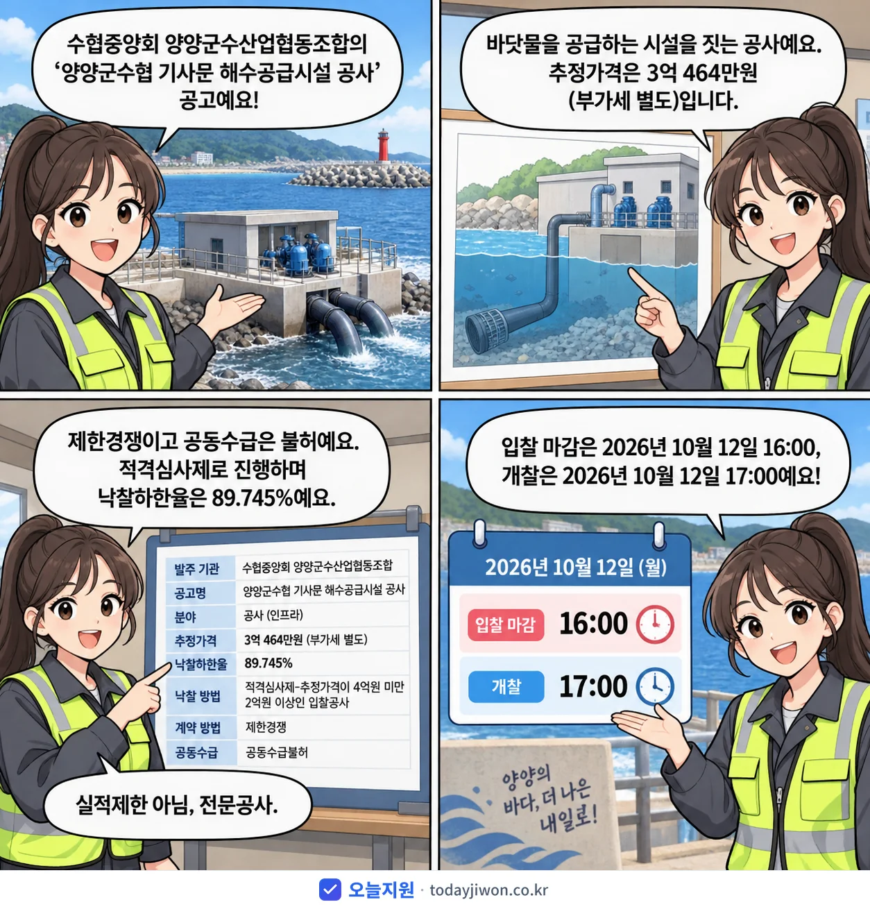 4컷 만화로 보는 공고: 수협중앙회 양양군수산업협동조합 '양양군수협 기사문 해수공급시설 공사', 추정가격 3억 464만원, 입찰 마감 10/12 16:00