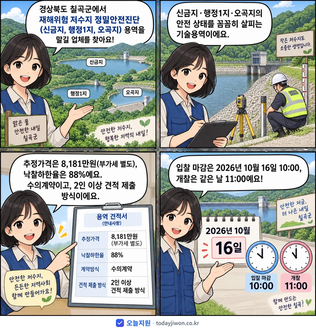 4컷 만화로 보는 공고: 경상북도 칠곡군 '재해위험 저수지 정밀안전진단(신금지, 행정1지, 오곡지) 용역', 추정가격 8,181만원, 입찰 마감 10/16 10:00