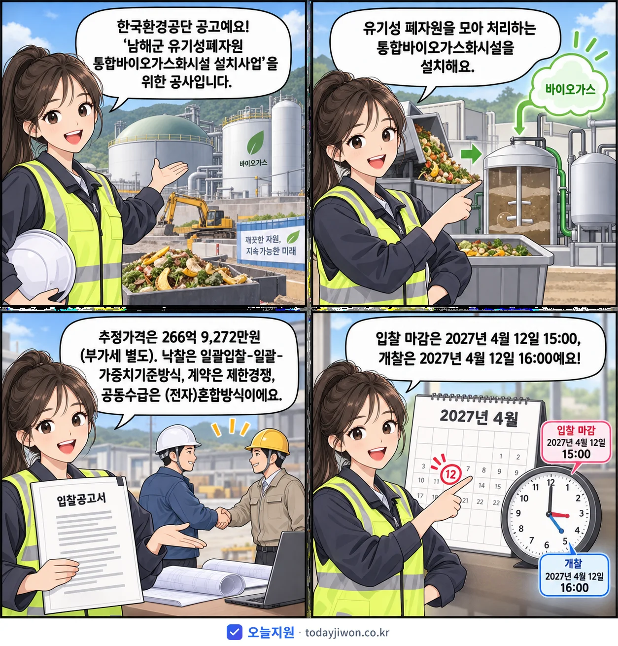 4컷 만화로 보는 공고: 한국환경공단 '남해군 유기성폐자원 통합바이오가스화시설 설치사업', 추정가격 266억 9,272만원, 입찰 마감 2027. 4/12 15:00