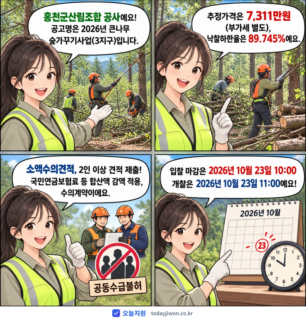 4컷 만화로 보는 공고: 홍천군산림조합 '큰나무 숲가꾸기사업(3지구)', 추정가격 7,311만원, 입찰 마감 10/23 10:00