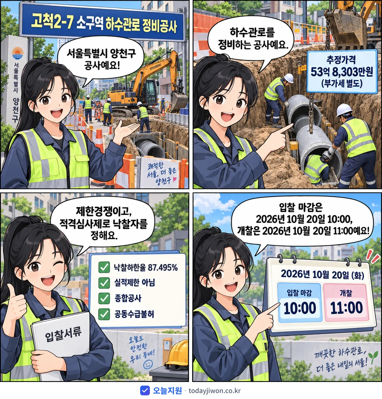 4컷 만화로 보는 공고: 서울특별시 양천구 '고척2-7 소구역 하수관로 정비공사', 추정가격 53억 8,303만원, 입찰 마감 10/20 10:00