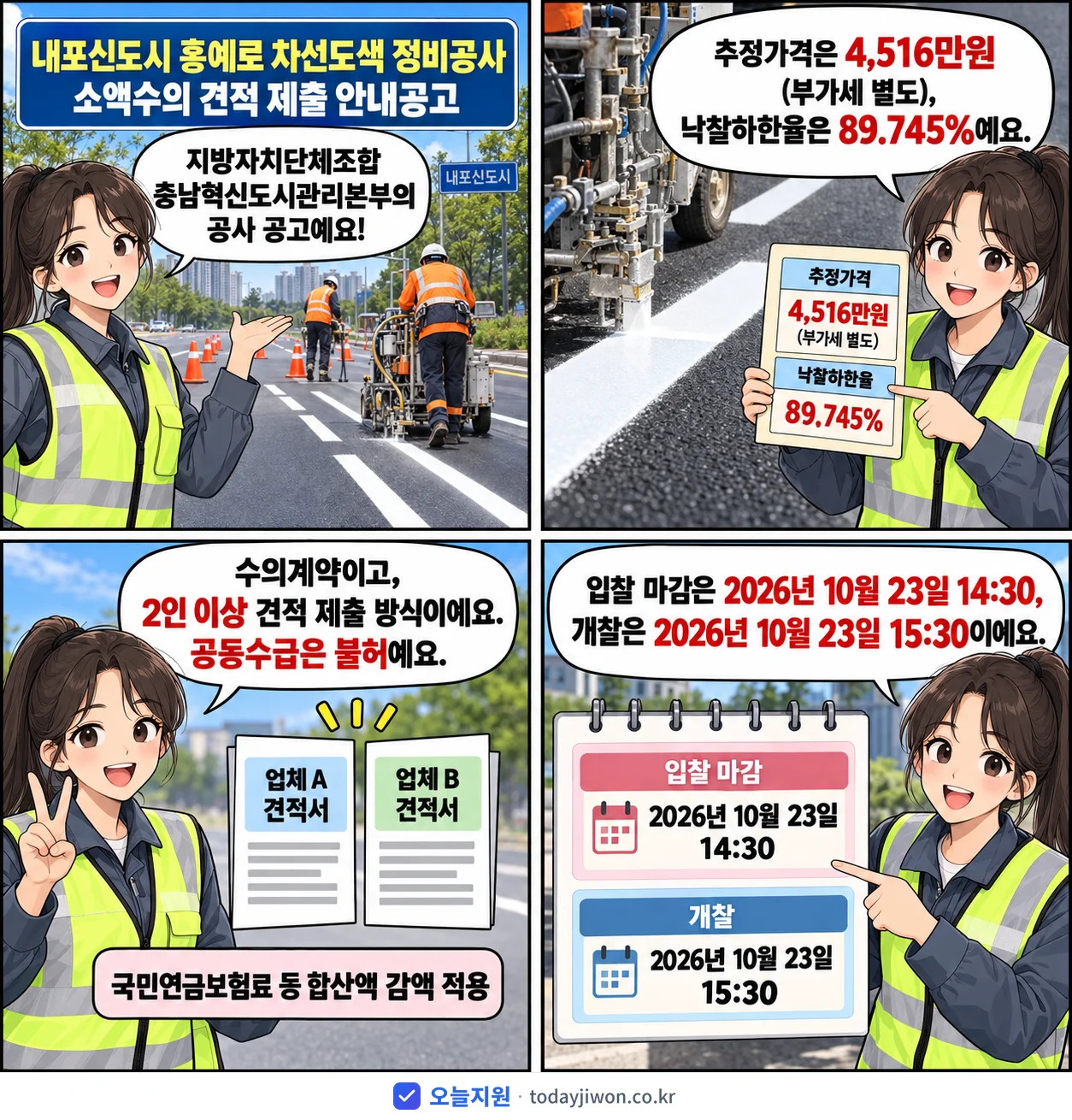 4컷 만화로 보는 공고: 지방자치단체조합 충남혁신도시관리본부 '내포신도시 홍예로 차선도색 정비공사 소액수의 견적 제출 안내공고', 추정가격 4,516만원, 입찰 마감 10/23 14:30