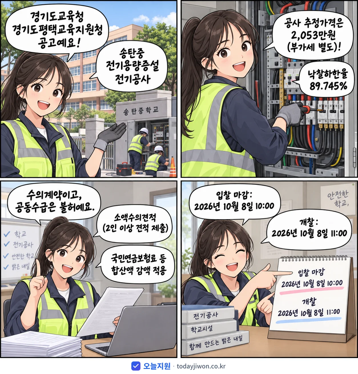 4컷 만화로 보는 공고: 경기도교육청 경기도평택교육지원청 '송탄중 전기용량증설 전기공사', 추정가격 2,053만원, 입찰 마감 10/8 10:00