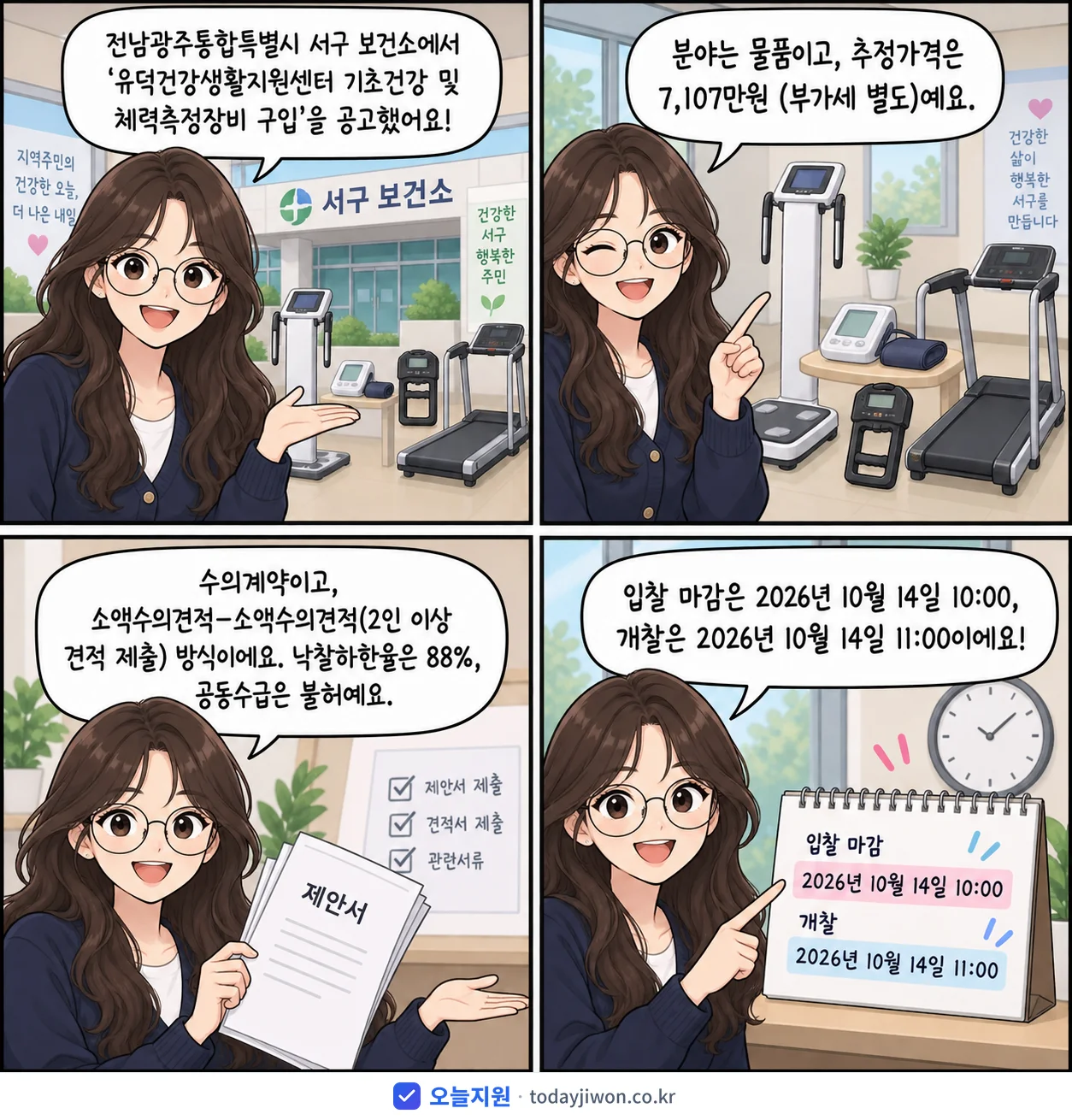 4컷 만화로 보는 공고: 전남광주통합특별시 서구 보건소 '유덕건강생활지원센터 기초건강 및 체력측정장비 구입', 추정가격 7,107만원, 입찰 마감 10/14 10:00