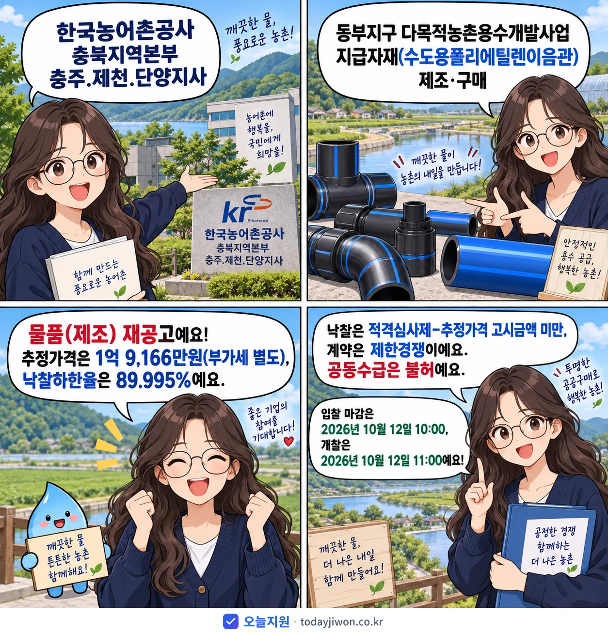 4컷 만화로 보는 공고: 한국농어촌공사 충북지역본부 충주.제천.단양지사 '동부지구 다목적농촌용수개발사업 지급자재(수도용폴리에틸렌이음관) 제조·구매', 추정가격 1억 9,166만원, 입찰 마감 10/12 10:00
