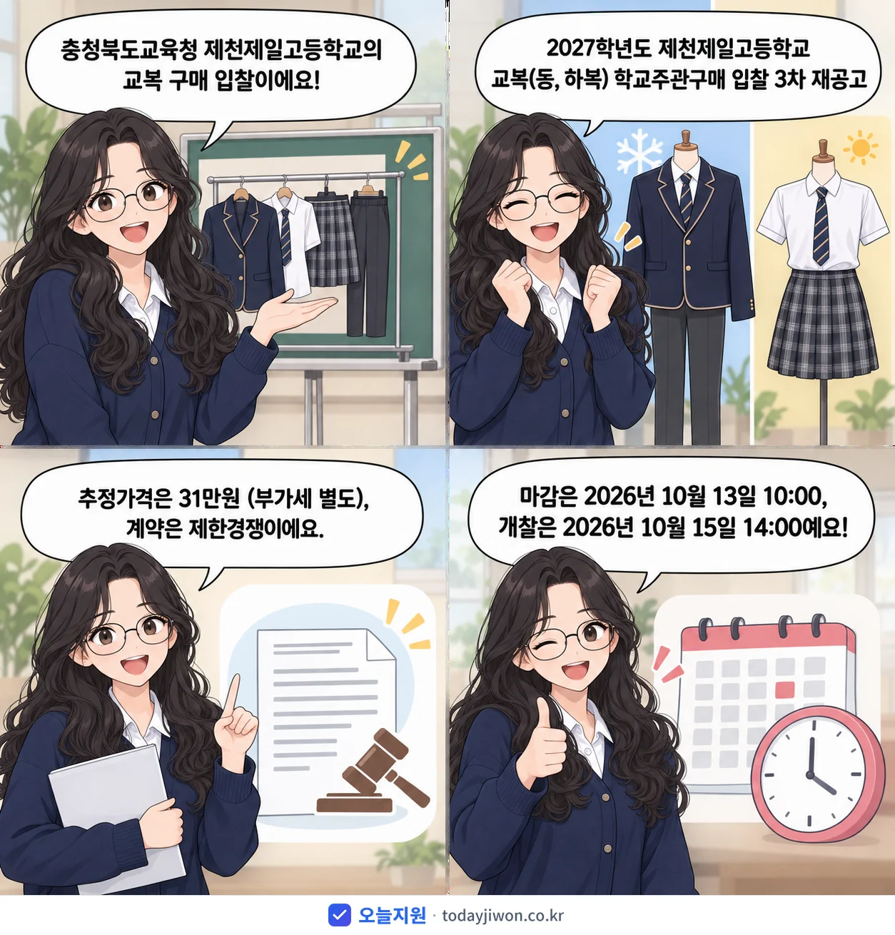 4컷 만화로 보는 공고: 충청북도교육청 제천제일고등학교 '학년도 제천제일고등학교 교복(동, 하복) 학교주관구매 입찰 3차 재공고', 추정가격 31만원, 입찰 마감 10/13 10:00