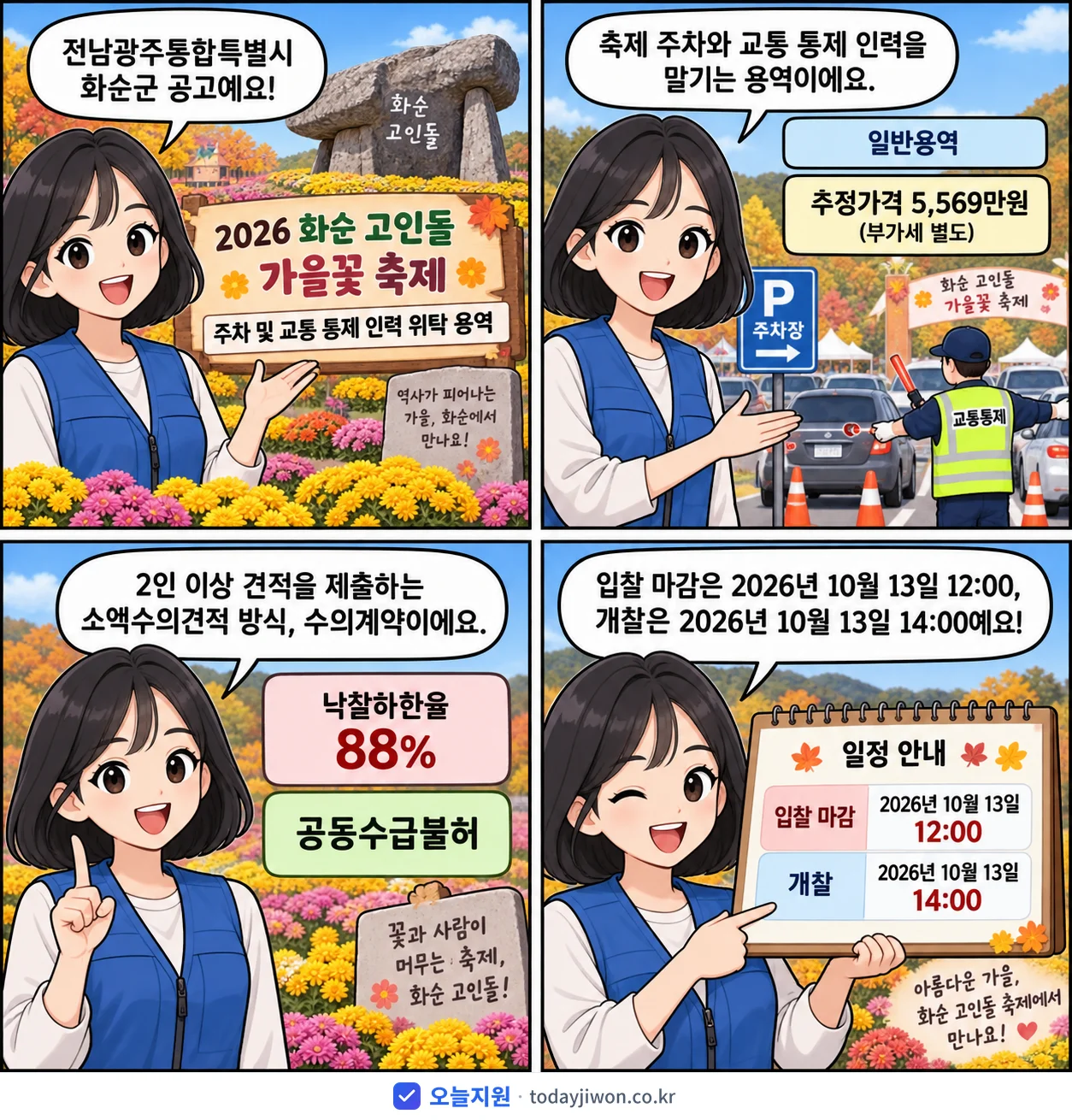 4컷 만화로 보는 공고: 전남광주통합특별시 화순군 '화순 고인돌 가을꽃 축제 주차 및 교통 통제 인력 위탁 용역', 추정가격 5,569만원, 입찰 마감 10/13 12:00