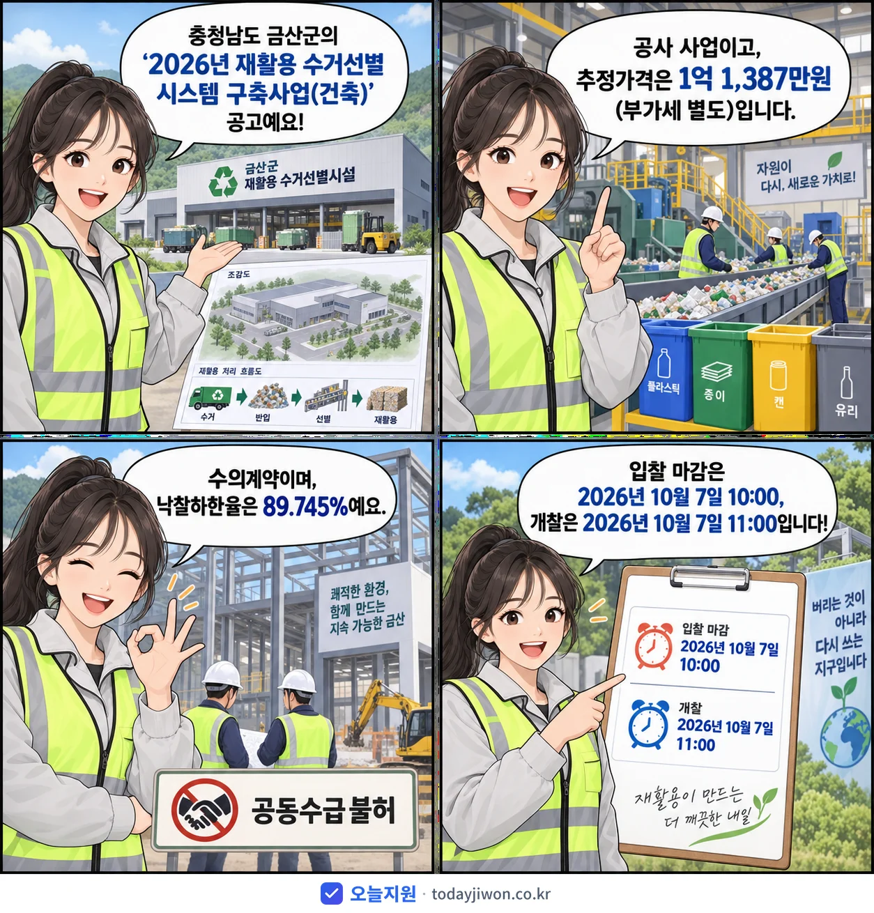 4컷 만화로 보는 공고: 충청남도 금산군 '재활용 수거선별 시스템 구축사업(건축)', 추정가격 1억 1,387만원, 입찰 마감 10/7 10:00