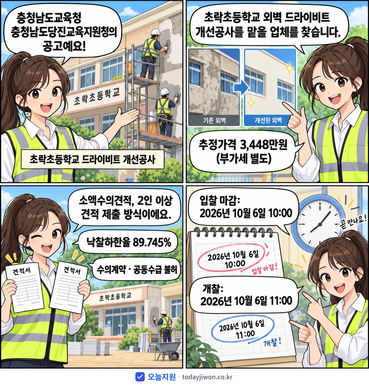4컷 만화로 보는 공고: 충청남도교육청 충청남도당진교육지원청 '초락초등학교 드라이비트 개선공사', 추정가격 3,448만원, 입찰 마감 10/6 10:00