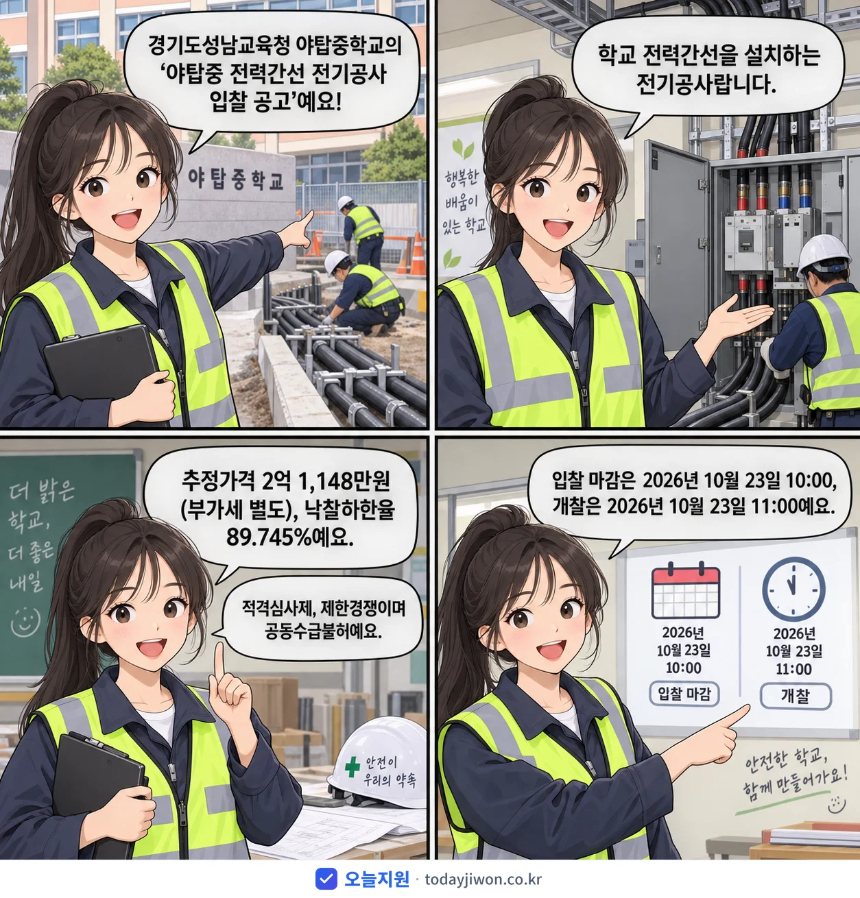 4컷 만화로 보는 공고: 경기도성남교육청 야탑중학교 '야탑중 전력간선 전기공사 입찰 공고', 추정가격 2억 1,148만원, 입찰 마감 10/23 10:00