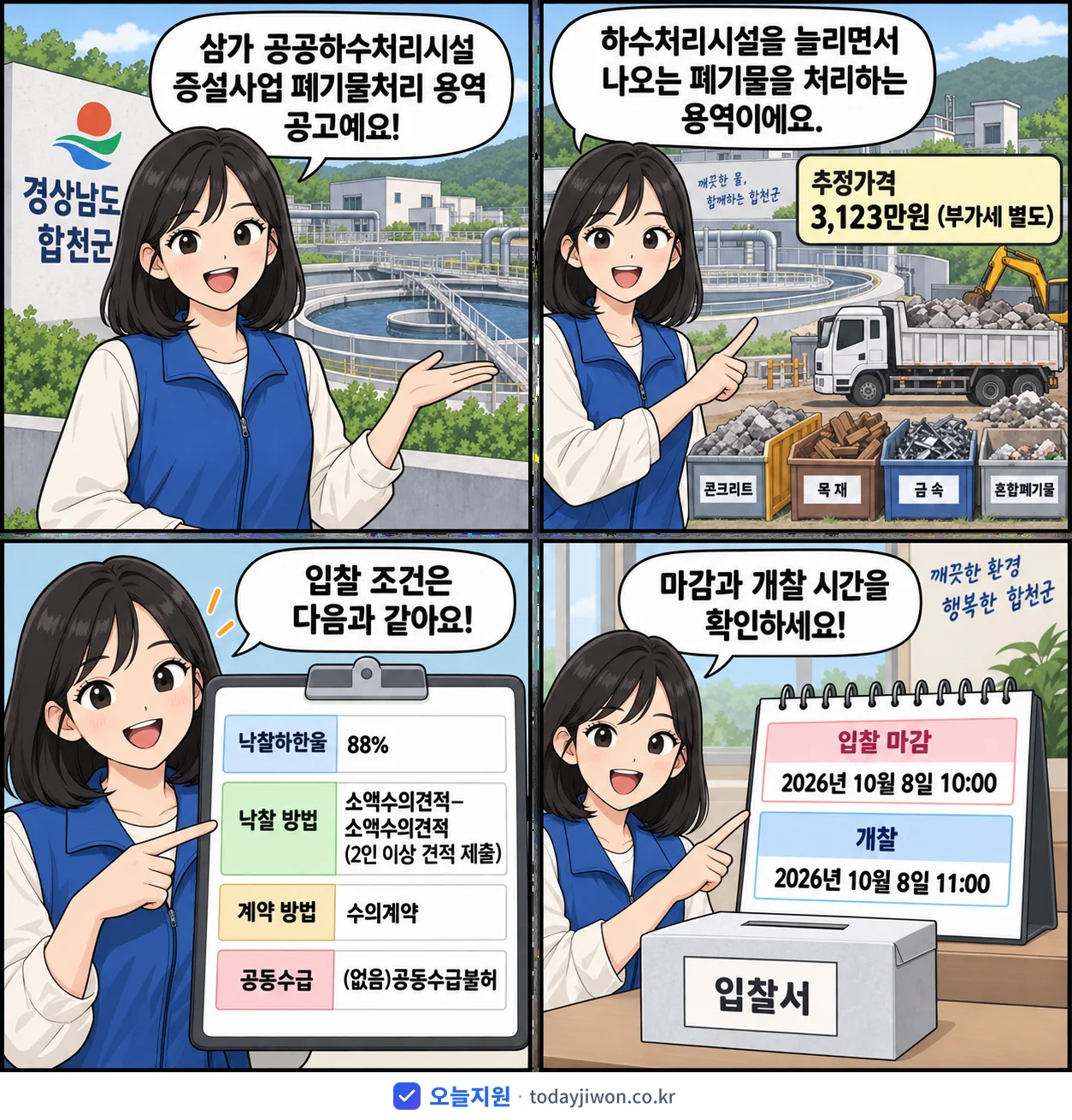 4컷 만화로 보는 공고: 경상남도 합천군 '삼가 공공하수처리시설 증설사업 폐기물처리 용역', 추정가격 3,123만원, 입찰 마감 10/8 10:00