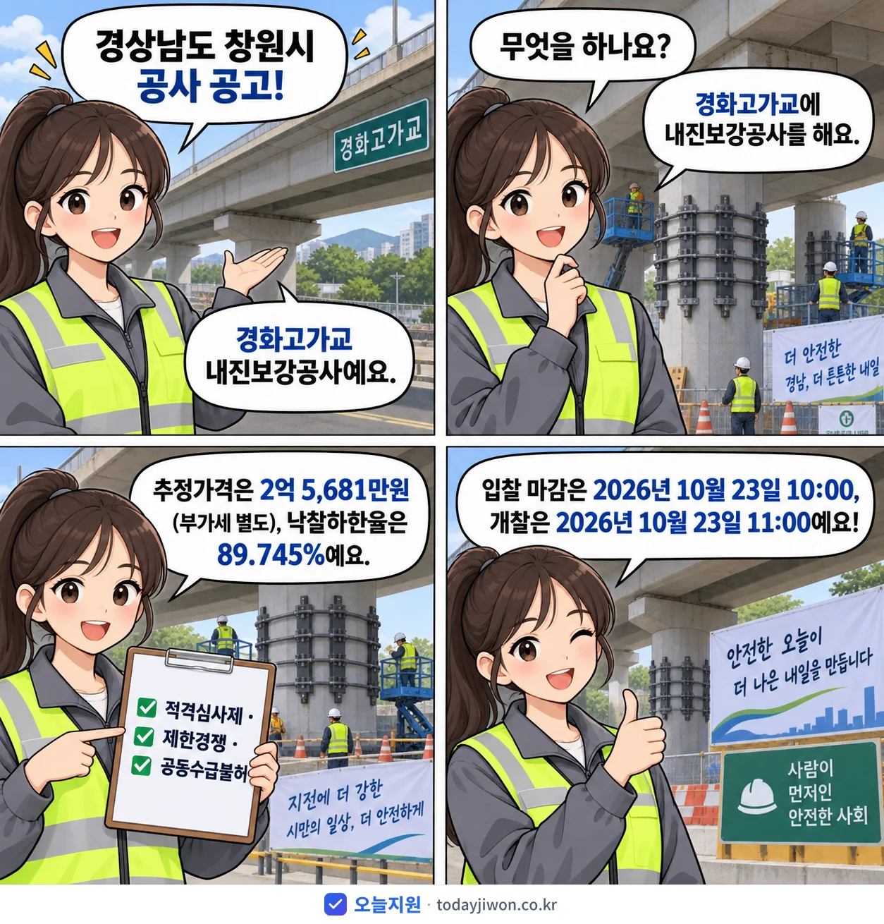 4컷 만화로 보는 공고: 경상남도 창원시 '경화고가교 내진보강공사', 추정가격 2억 5,681만원, 입찰 마감 10/23 10:00