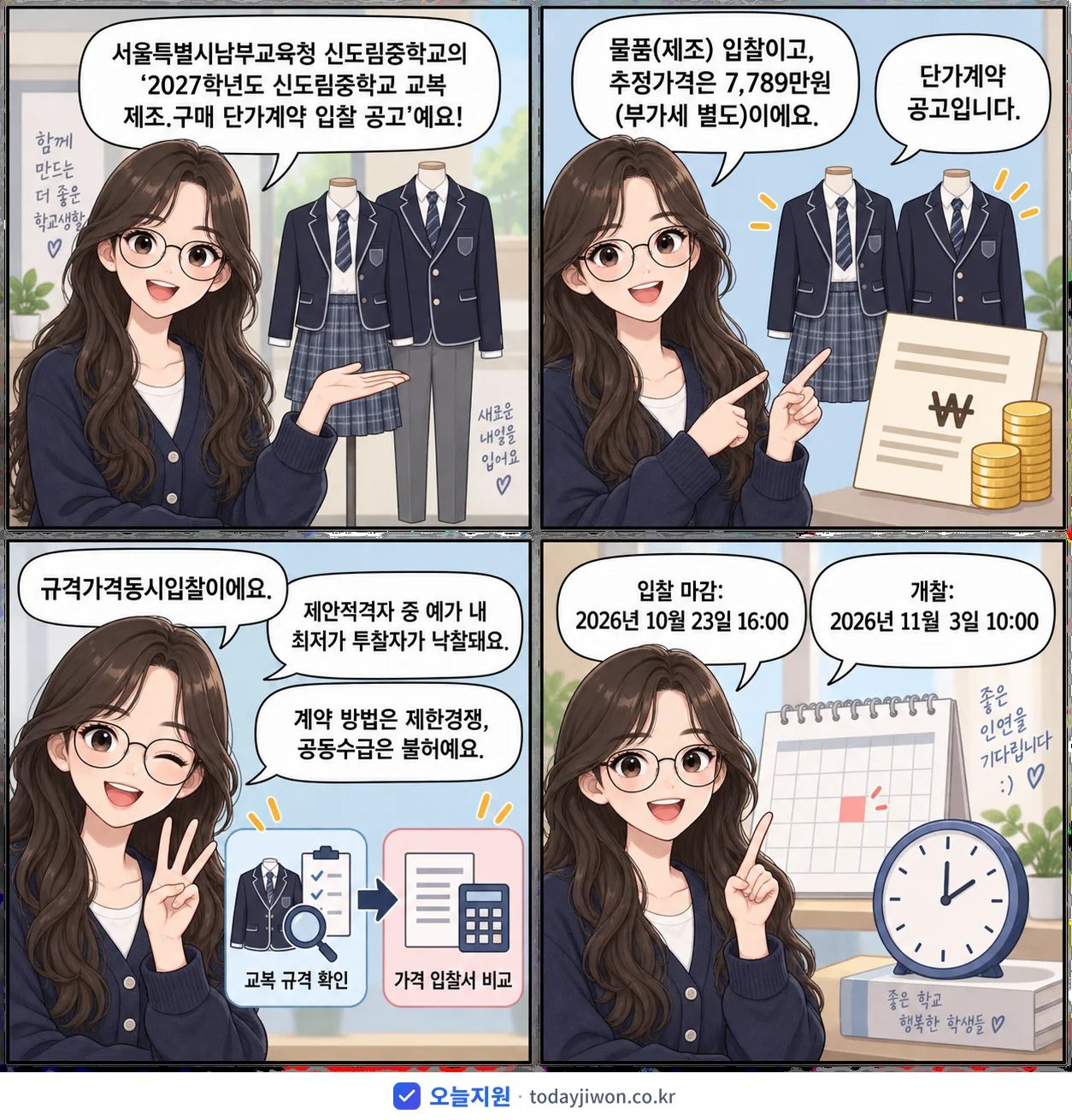 4컷 만화로 보는 공고: 서울특별시남부교육청 신도림중학교 '학년도 신도림중학교 교복 제조.구매 단가계약 입찰 공고', 추정가격 7,789만원, 입찰 마감 10/23 16:00