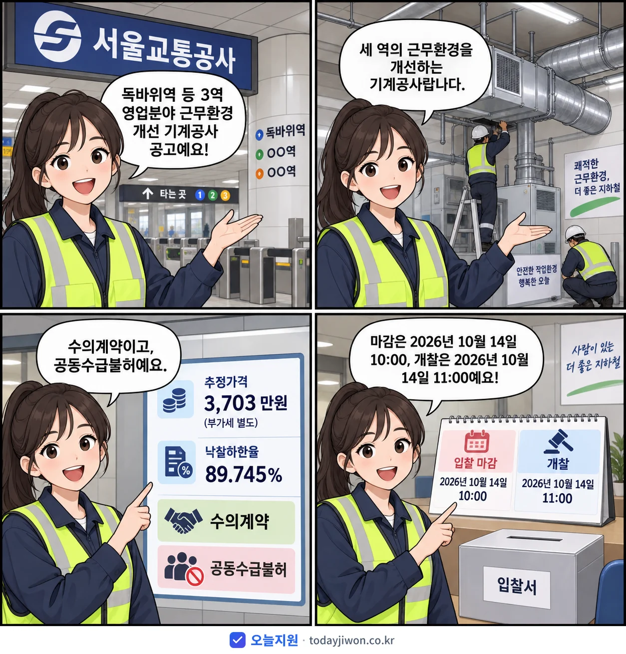 4컷 만화로 보는 공고: 서울교통공사 '독바위역 등 3역 영업분야 근무환경 개선 기계공사', 추정가격 3,703만원, 입찰 마감 10/14 10:00