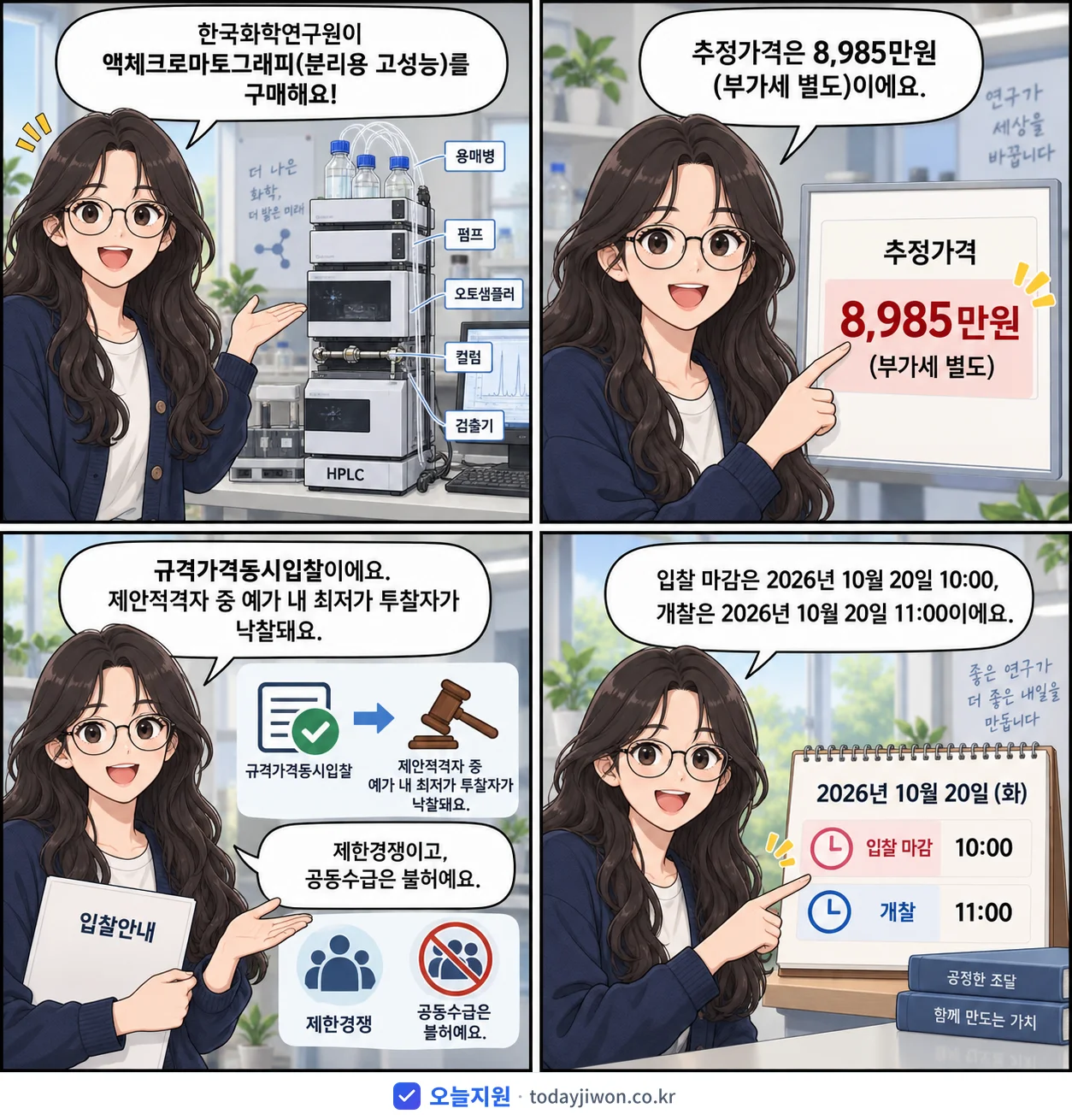 4컷 만화로 보는 공고: 한국화학연구원 '액체크로마토그래피(분리용 고성능)', 추정가격 8,985만원, 입찰 마감 10/20 10:00