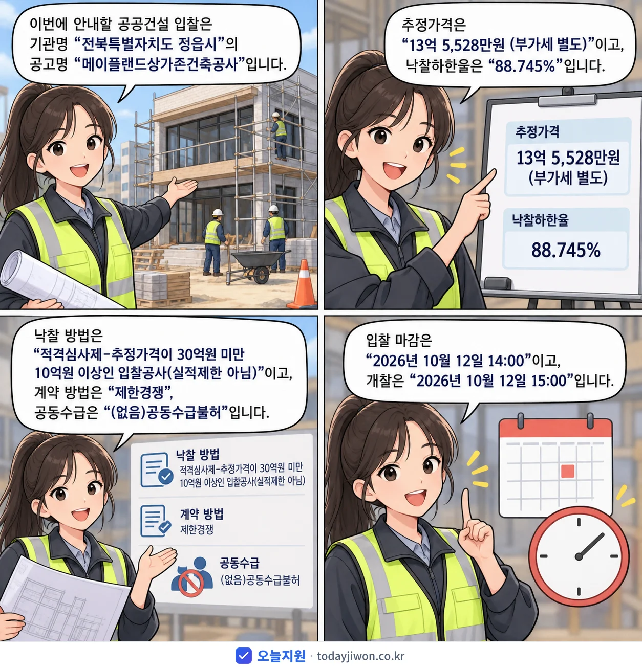 4컷 만화로 보는 공고: 전북특별자치도 정읍시 '메이플랜드상가존건축공사', 추정가격 13억 5,528만원, 입찰 마감 10/12 14:00