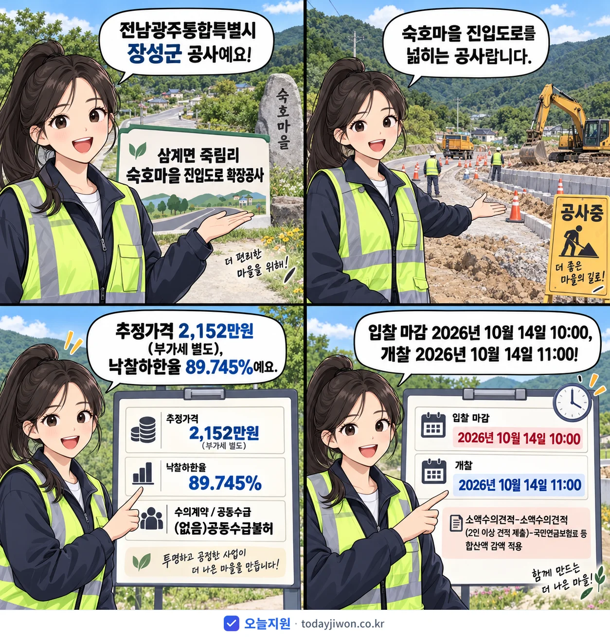 4컷 만화로 보는 공고: 전남광주통합특별시 장성군 '삼계면 죽림리 숙호마을 진입도로 확장공사', 추정가격 2,152만원, 입찰 마감 10/14 10:00
