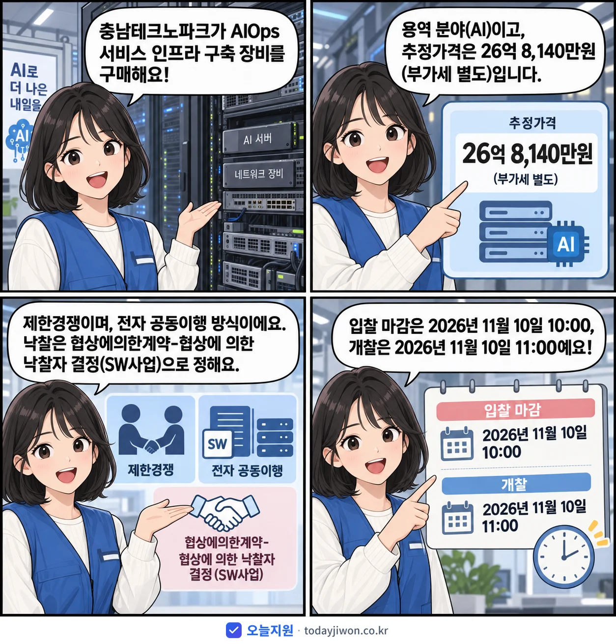 4컷 만화로 보는 공고: 충남테크노파크 'AIOps 서비스 인프라 구축 장비 구매', 추정가격 26억 8,140만원, 입찰 마감 11/10 10:00