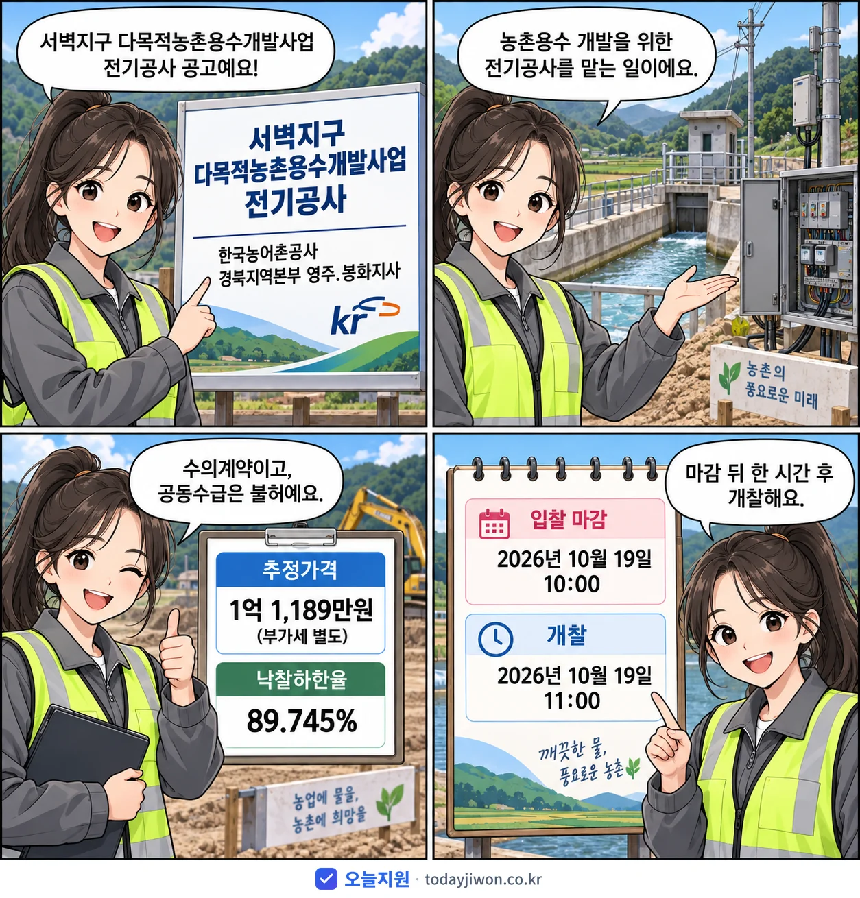4컷 만화로 보는 공고: 한국농어촌공사 경북지역본부 영주.봉화지사 '서벽지구 다목적농촌용수개발사업 전기공사', 추정가격 1억 1,189만원, 입찰 마감 10/19 10:00