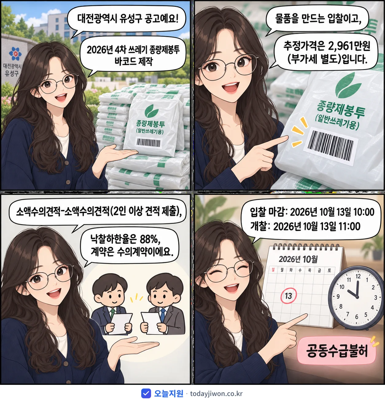 4컷 만화로 보는 공고: 대전광역시 유성구 '4차 쓰레기 종량제봉투 바코드 제작', 추정가격 2,961만원, 입찰 마감 10/13 10:00