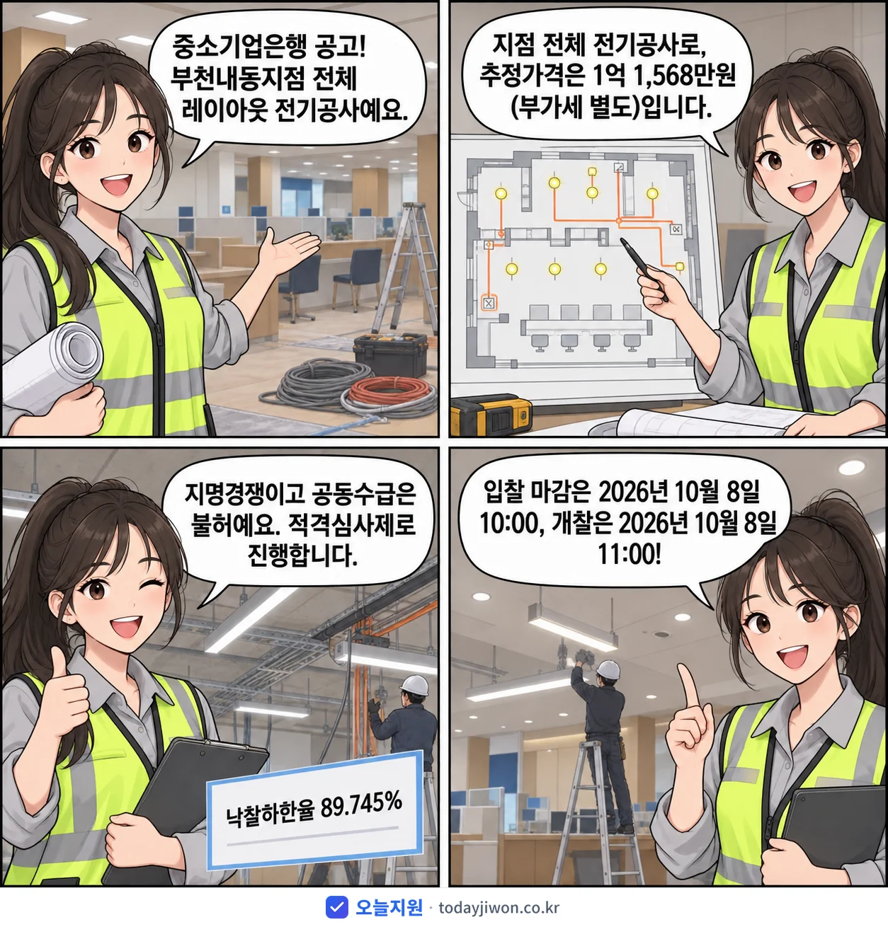 4컷 만화로 보는 공고: 중소기업은행 '부천내동지점 전체 레이아웃 전기공사', 추정가격 1억 1,568만원, 입찰 마감 10/8 10:00