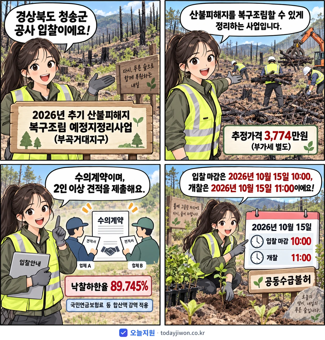4컷 만화로 보는 공고: 경상북도 청송군 '추기 산불피해지 복구조림 예정지정리사업(부곡거대지구)', 추정가격 3,774만원, 입찰 마감 10/15 10:00