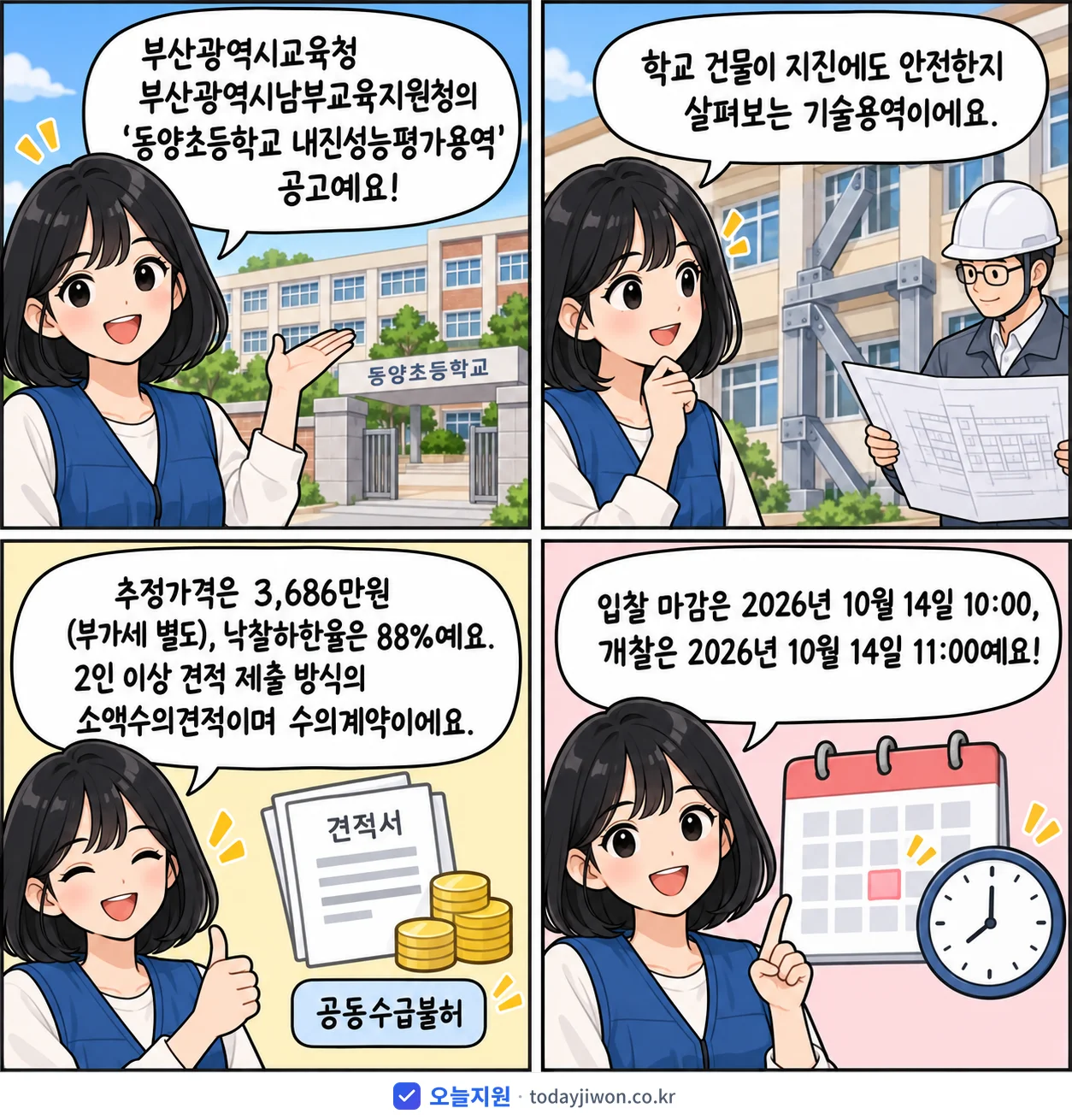 4컷 만화로 보는 공고: 부산광역시교육청 부산광역시남부교육지원청 '동양초등학교 내진성능평가용역', 추정가격 3,686만원, 입찰 마감 10/14 10:00