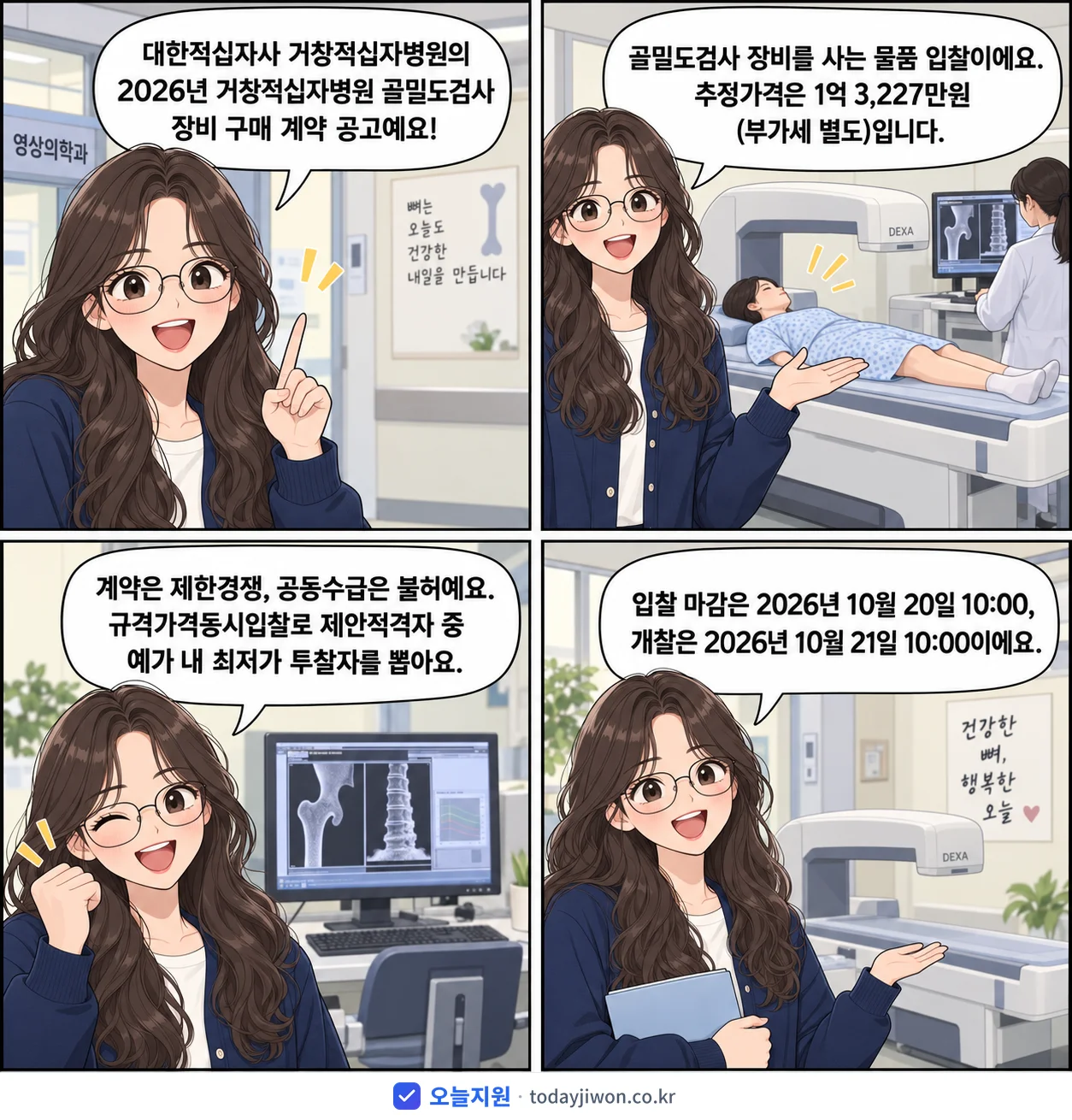 4컷 만화로 보는 공고: 대한적십자사 거창적십자병원 '거창적십자병원 골밀도검사 장비 구매 계약', 추정가격 1억 3,227만원, 입찰 마감 10/20 10:00