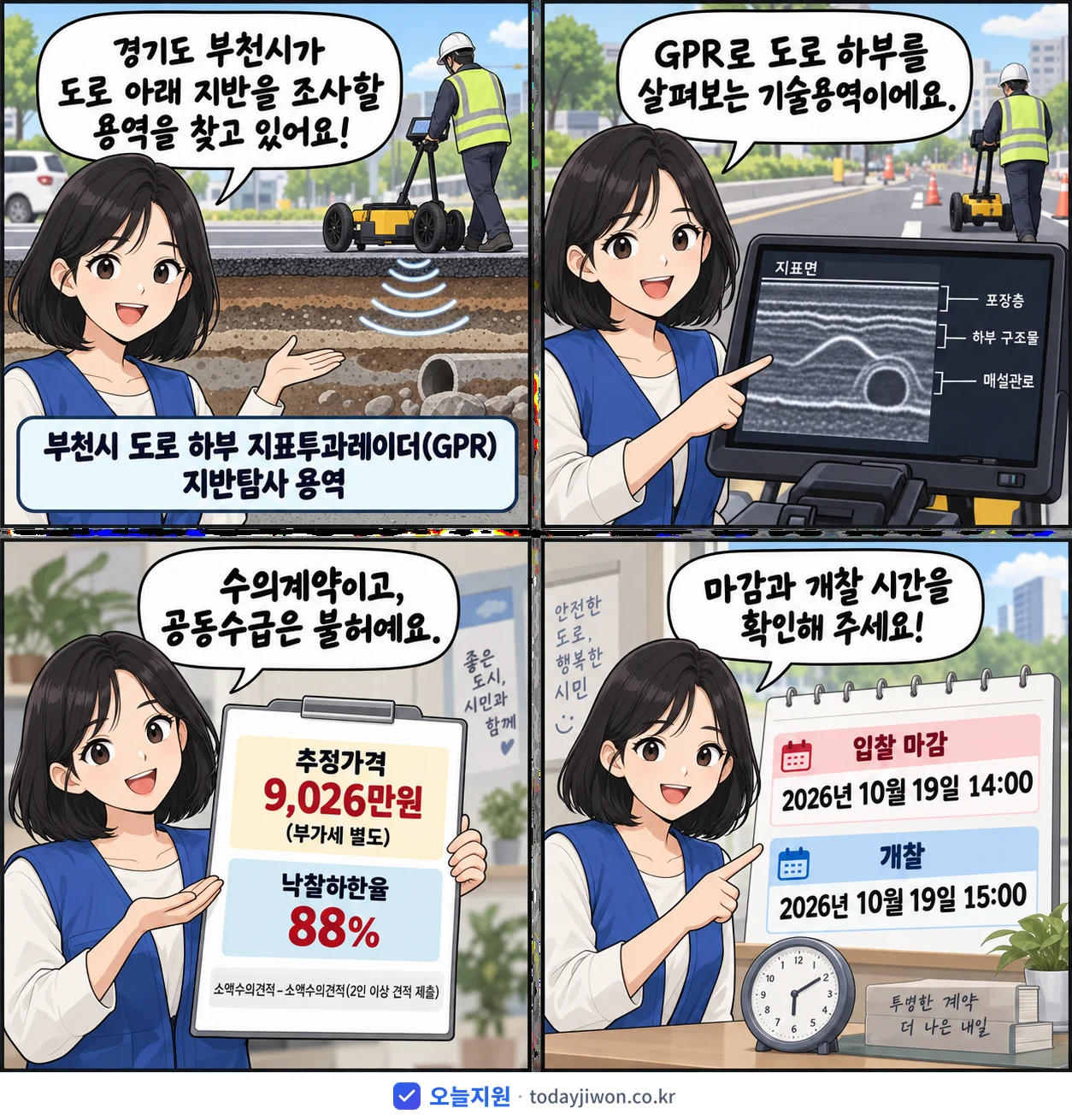 4컷 만화로 보는 공고: 경기도 부천시 '부천시 도로 하부 지표투과레이더(GPR) 지반탐사 용역', 추정가격 9,026만원, 입찰 마감 10/19 14:00