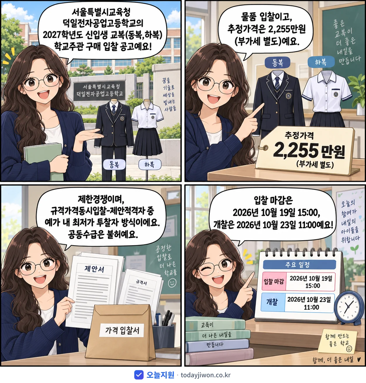 4컷 만화로 보는 공고: 서울특별시교육청 덕일전자공업고등학교 '학년도 덕일전자공업고등학교 신입생 교복(동복,하복) 학교주관 구매 입찰…', 추정가격 2,255만원, 입찰 마감 10/19 15:00