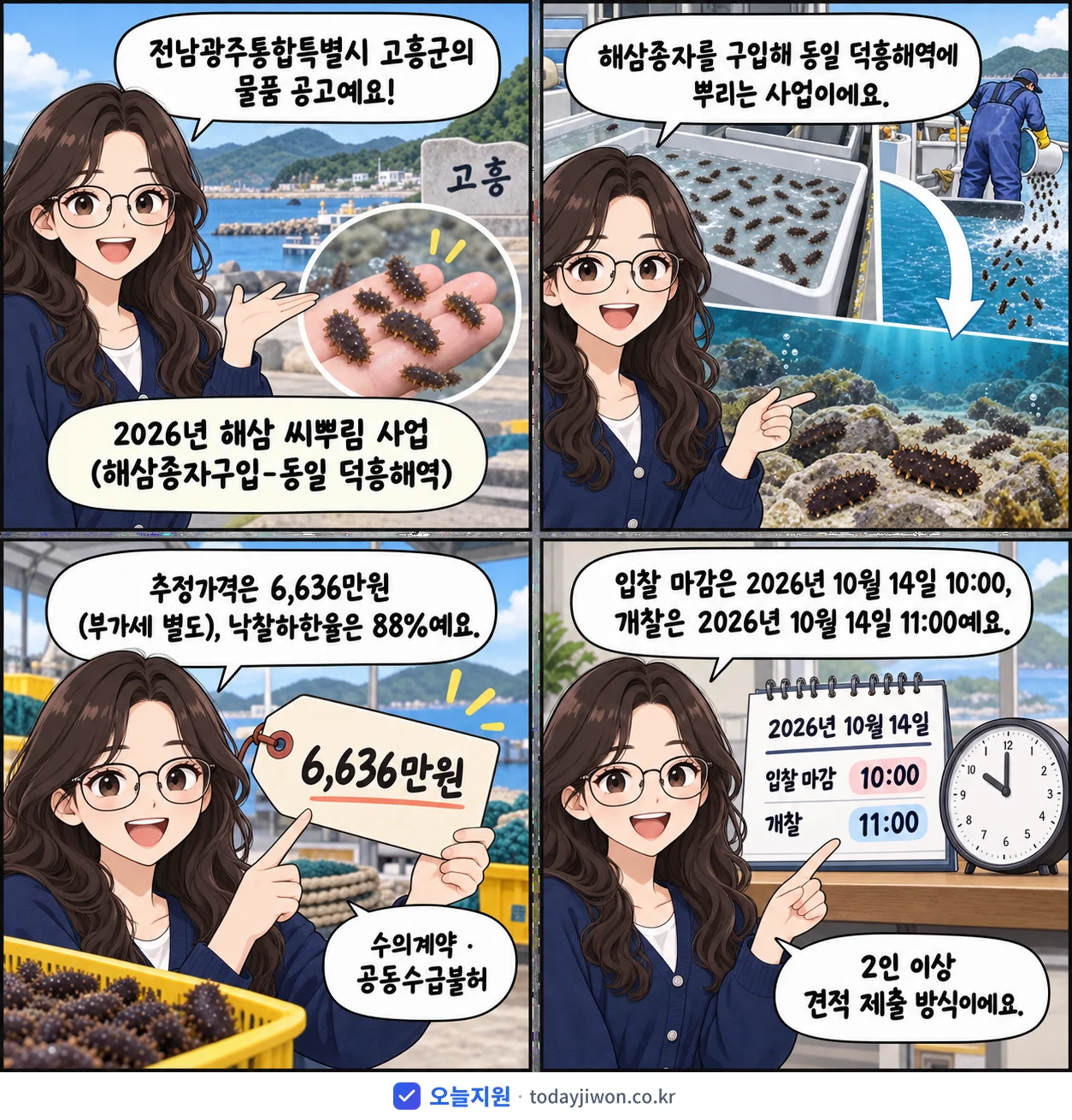 4컷 만화로 보는 공고: 전남광주통합특별시 고흥군 '해삼 씨뿌림 사업(해삼종자구입-동일 덕흥해역)', 추정가격 6,636만원, 입찰 마감 10/14 10:00