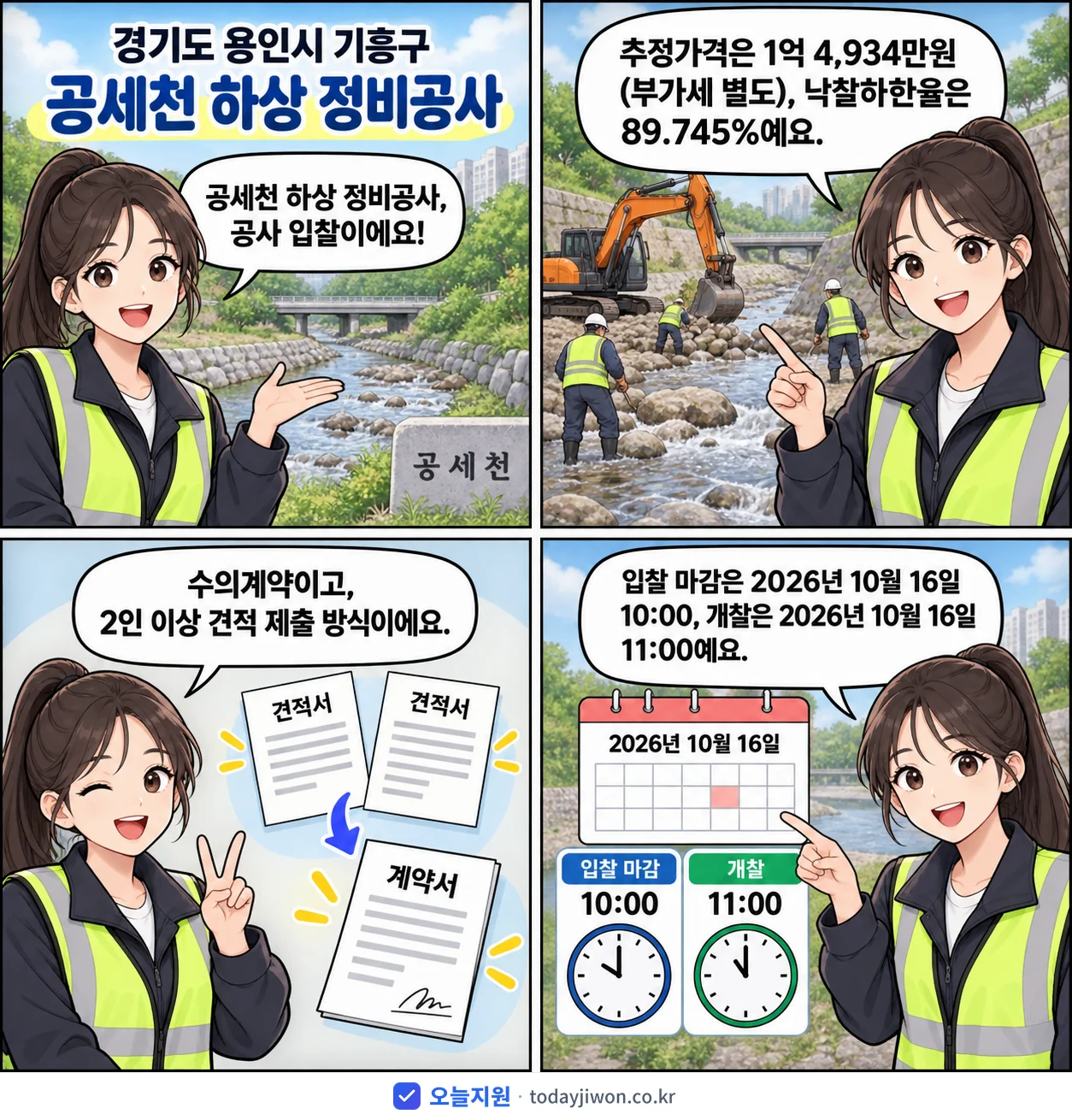 4컷 만화로 보는 공고: 경기도 용인시 기흥구 '공세천 하상 정비공사', 추정가격 1억 4,934만원, 입찰 마감 10/16 10:00
