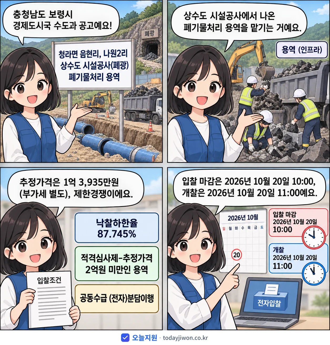 4컷 만화로 보는 공고: 충청남도 보령시 경제도시국 수도과 '청라면 음현리, 나원2리 상수도 시설공사(폐광) 폐기물처리 용역', 추정가격 1억 3,935만원, 입찰 마감 10/20 10:00