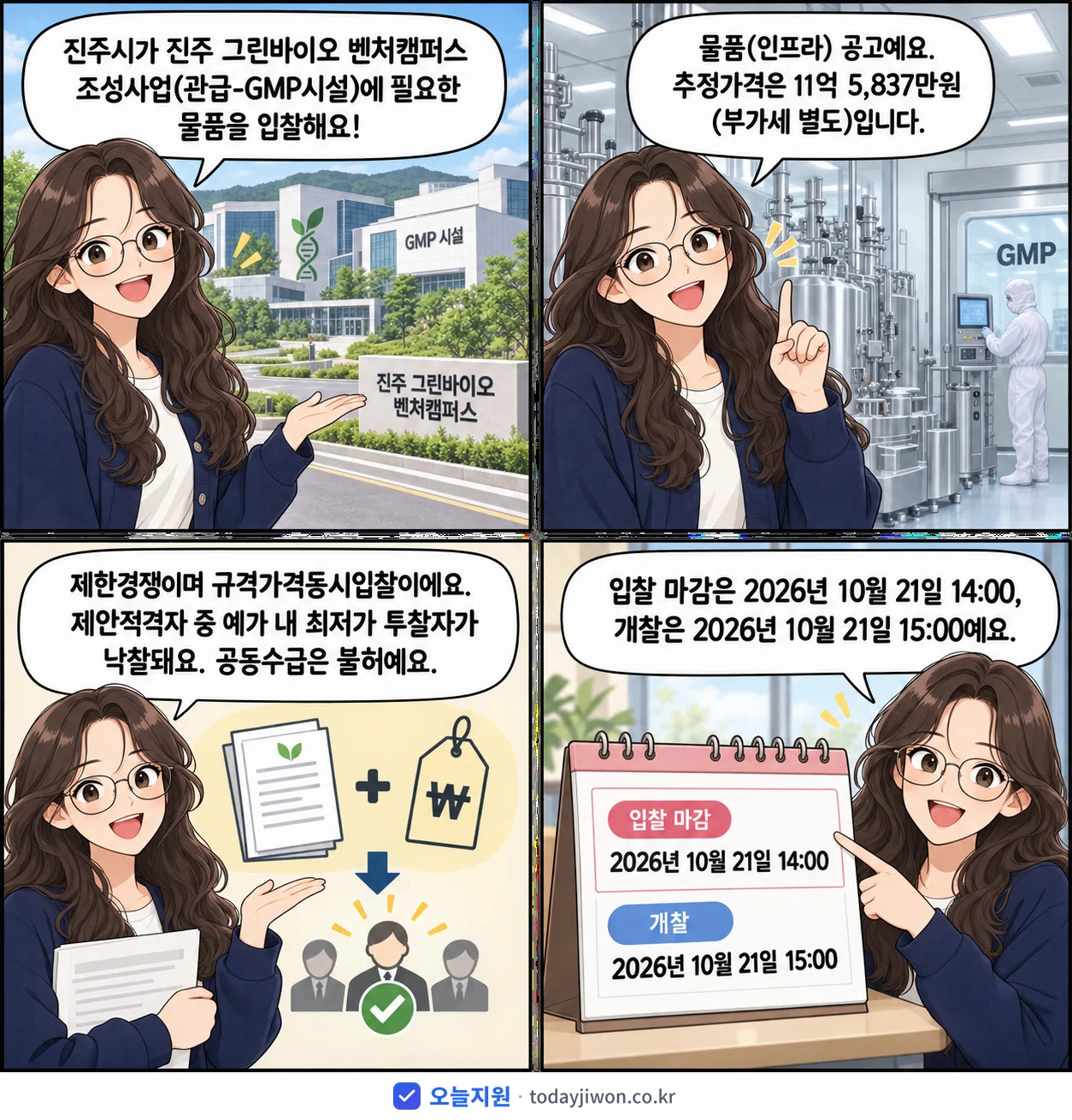 4컷 만화로 보는 공고: 경상남도 진주시 '진주 그린바이오 벤처캠퍼스 조성사업(관급-GMP시설)', 추정가격 11억 5,837만원, 입찰 마감 10/21 14:00