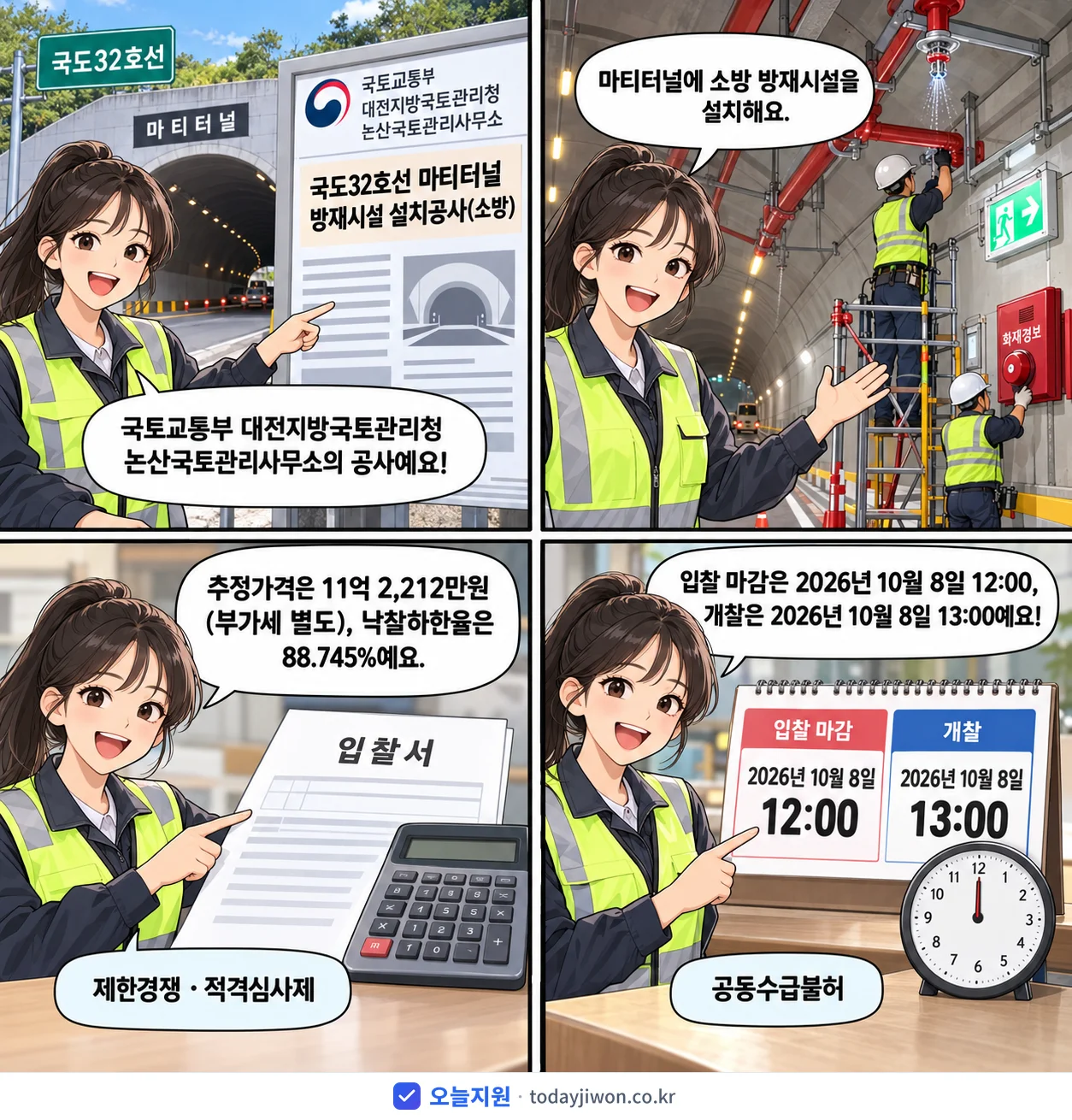 4컷 만화로 보는 공고: 국토교통부 대전지방국토관리청 논산국토관리사무소 '국도32호선 마티터널 방재시설 설치공사(소방)', 추정가격 11억 2,212만원, 입찰 마감 10/8 12:00
