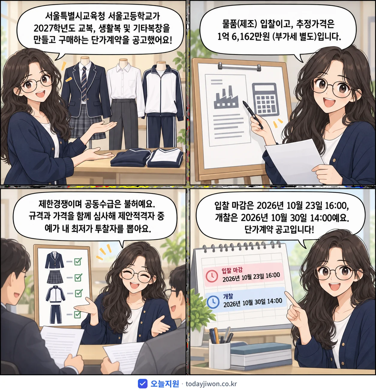 4컷 만화로 보는 공고: 서울특별시교육청 서울고등학교 '학년도 서울고등학교 교복, 생활복 및 기타복장 제조·구매 단가계약 전자…', 추정가격 1억 6,162만원, 입찰 마감 10/23 16:00