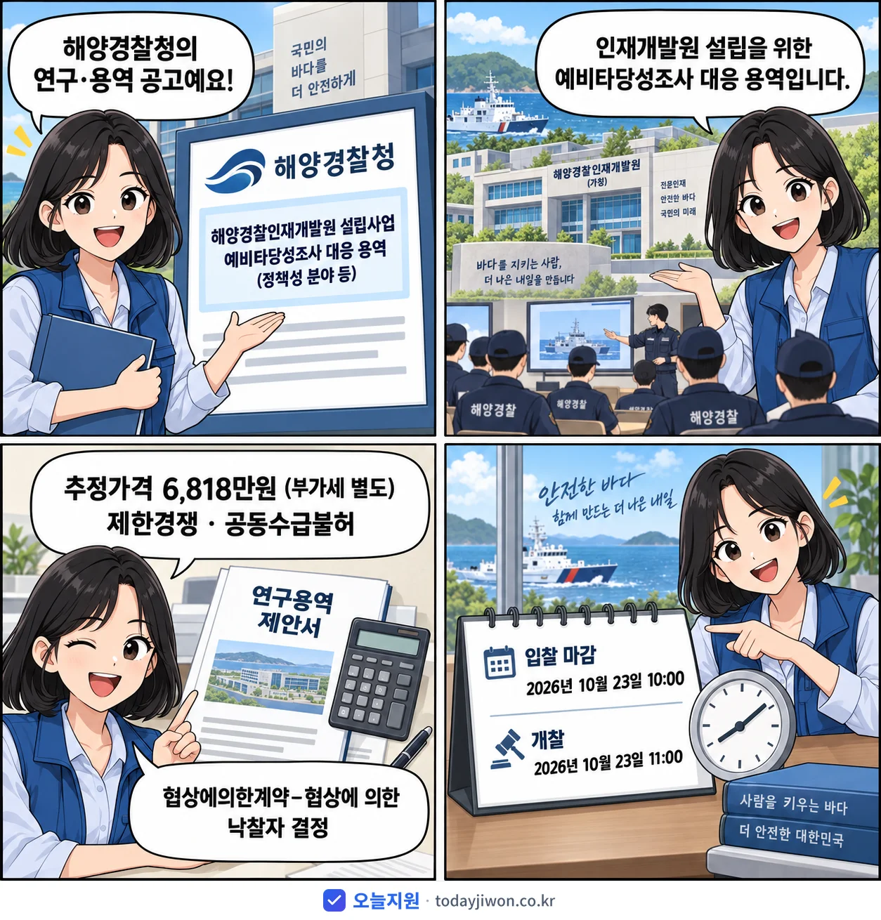 4컷 만화로 보는 공고: 해양경찰청 '해양경찰인재개발원 설립사업 예비타당성조사 대응 용역(정책성 분야 등)', 추정가격 6,818만원, 입찰 마감 10/23 10:00