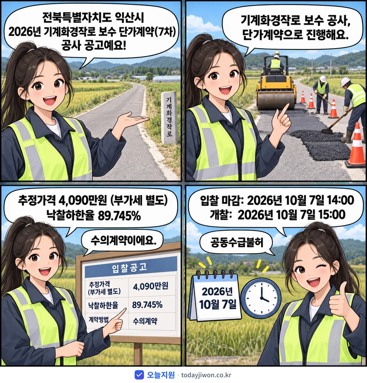 4컷 만화로 보는 공고: 전북특별자치도 익산시 '기계화경작로 보수 단가계약(7차)', 추정가격 4,090만원, 입찰 마감 10/7 14:00