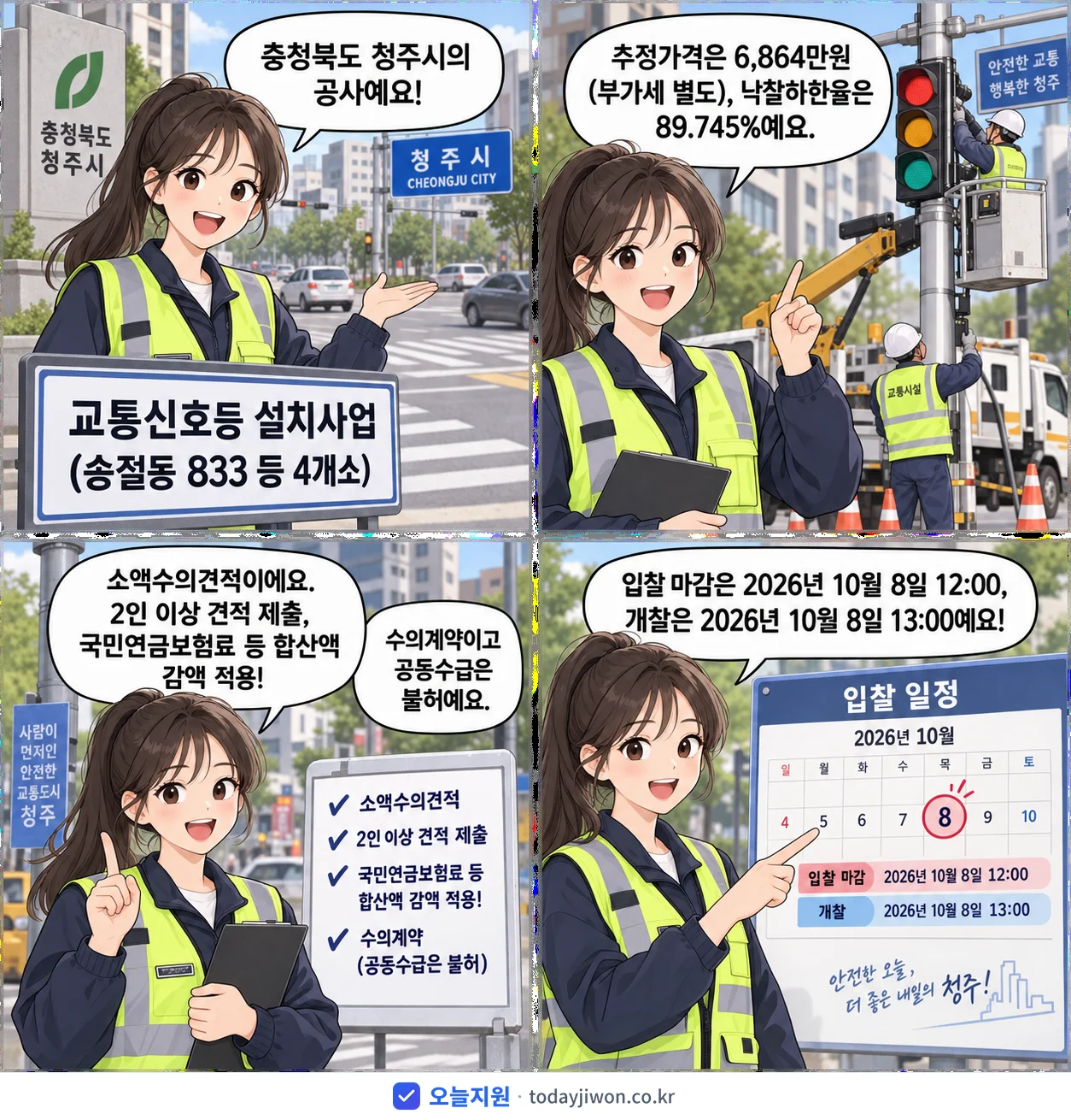 4컷 만화로 보는 공고: 충청북도 청주시 '교통신호등 설치사업(송절동 833 등 4개소)', 추정가격 6,864만원, 입찰 마감 10/8 12:00