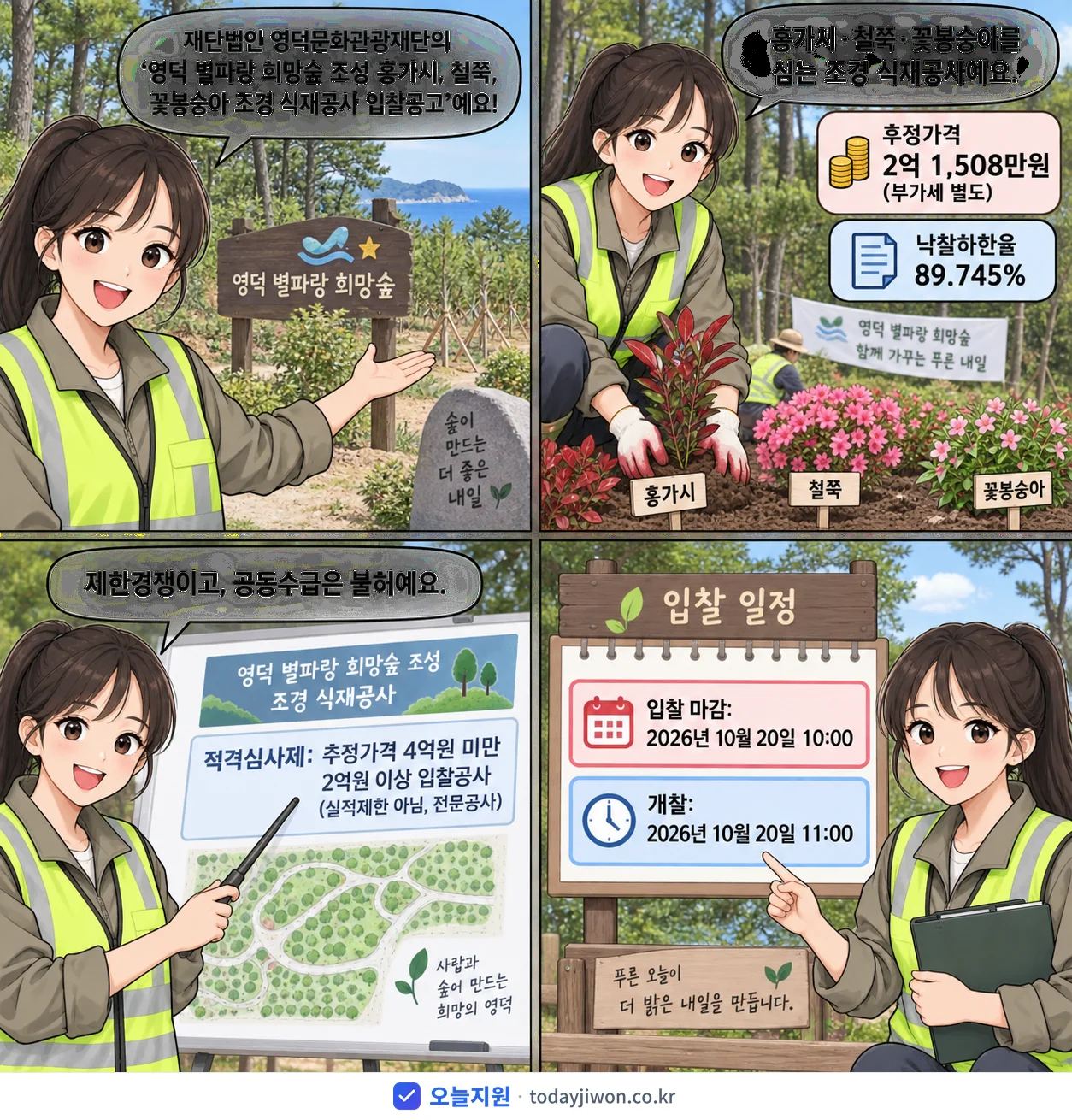 4컷 만화로 보는 공고: 재단법인 영덕문화관광재단 '영덕 별파랑 희망숲 조성 홍가시, 철쭉, 꽃봉숭아 조경 식재공사 입찰공고', 추정가격 2억 1,508만원, 입찰 마감 10/20 10:00
