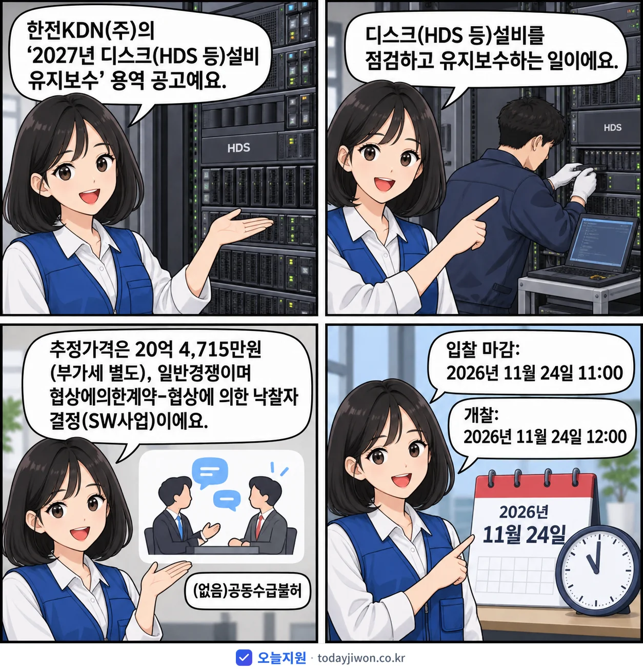 4컷 만화로 보는 공고: 한전KDN(주) '디스크(HDS 등)설비 유지보수', 추정가격 20억 4,715만원, 입찰 마감 11/24 11:00