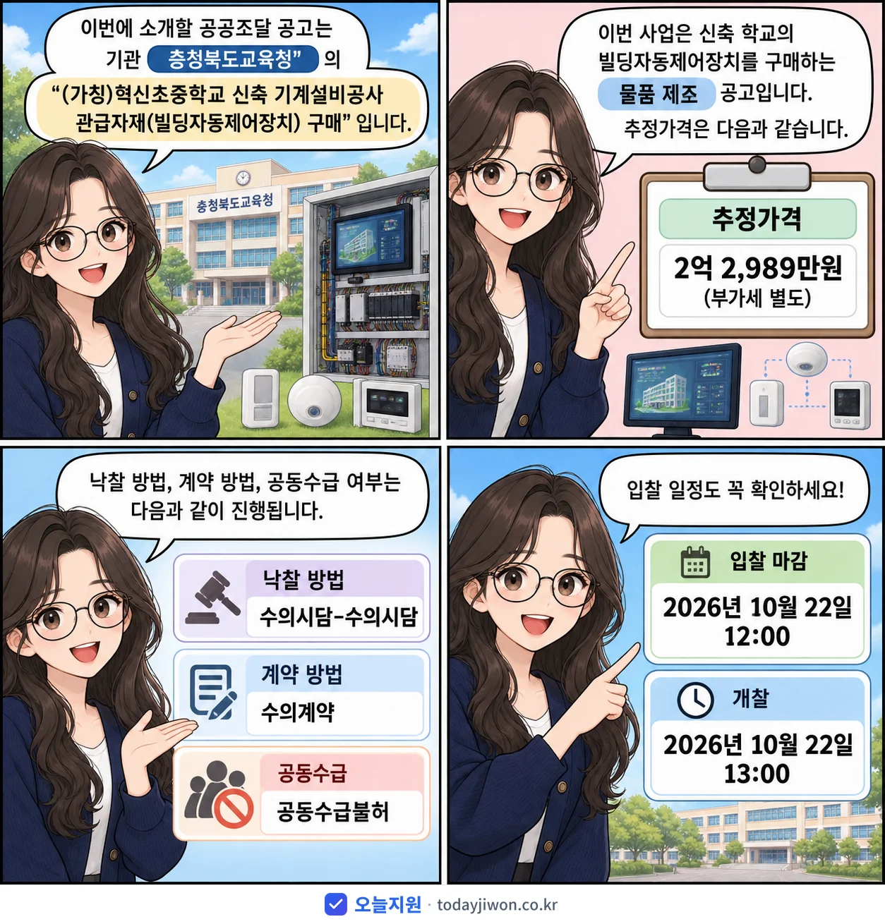 4컷 만화로 보는 공고: 충청북도교육청 '(가칭)혁신초중학교 신축 기계설비공사 관급자재(빌딩자동제어장치) 구매', 추정가격 2억 2,989만원, 입찰 마감 10/22 12:00
