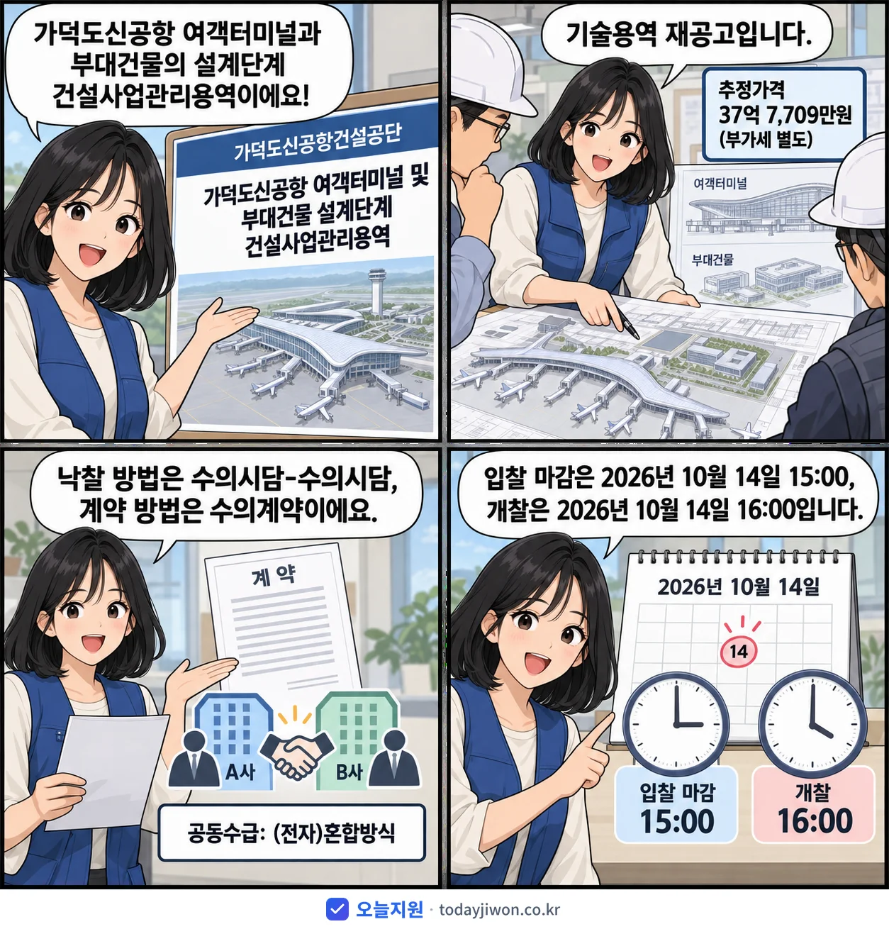 4컷 만화로 보는 공고: 가덕도신공항건설공단 '가덕도신공항 여객터미널 및 부대건물 설계단계 건설사업관리용역', 추정가격 37억 7,709만원, 입찰 마감 10/14 15:00
