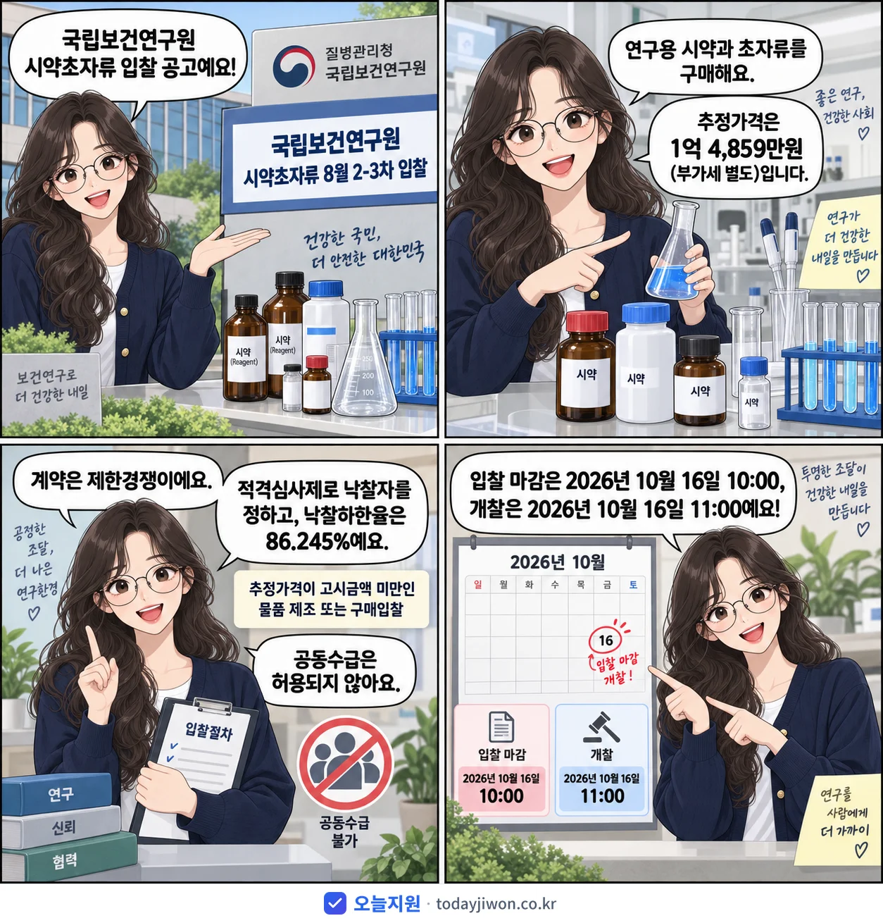 4컷 만화로 보는 공고: 질병관리청 국립보건연구원 '국립보건연구원 시약초자류 8월 2-3차 입찰', 추정가격 1억 4,859만원, 입찰 마감 10/16 10:00