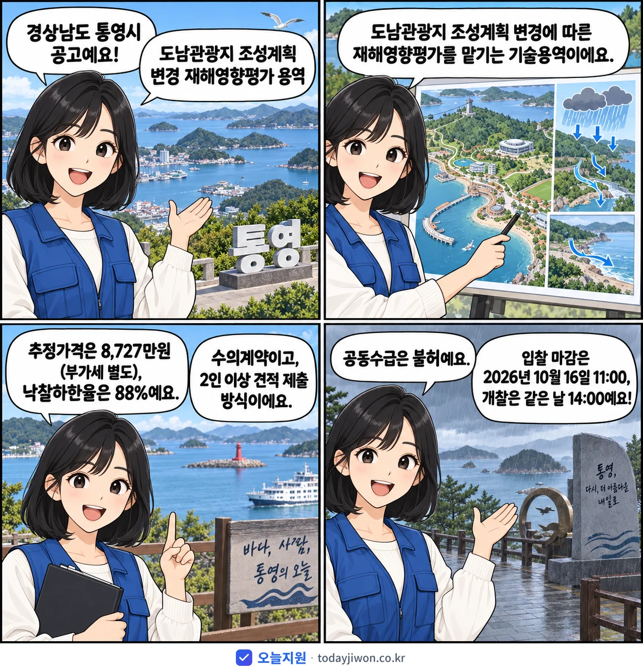4컷 만화로 보는 공고: 경상남도 통영시 '도남관광지 조성계획 변경 재해영향평가 용역', 추정가격 8,727만원, 입찰 마감 10/16 11:00