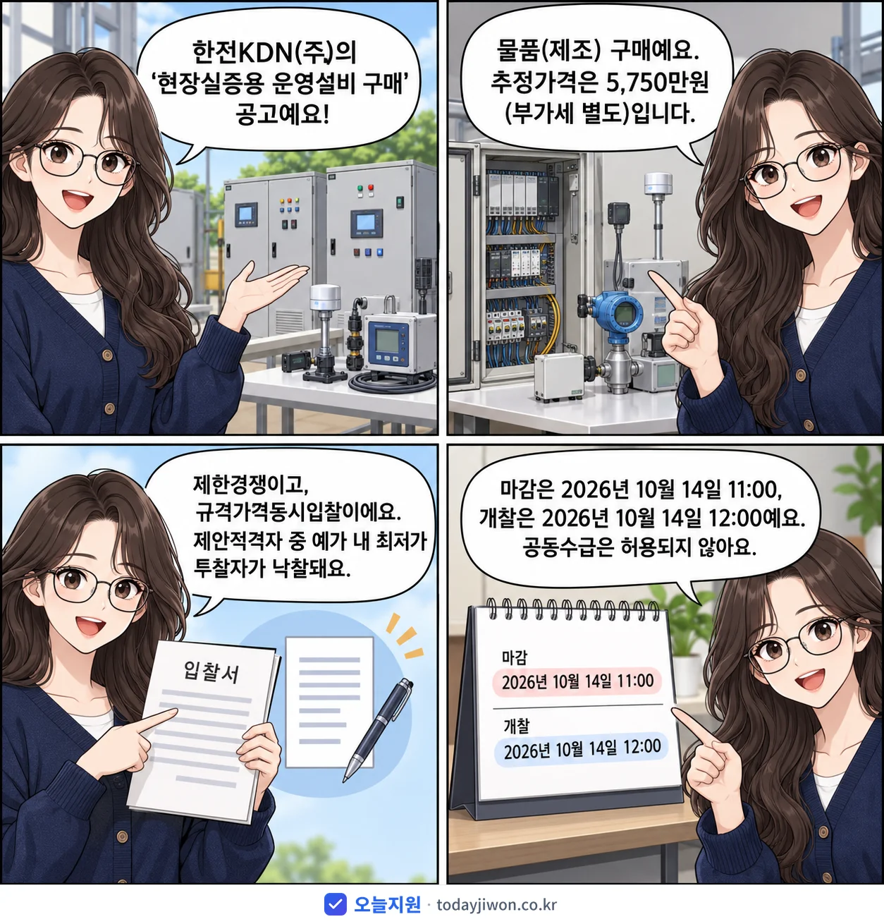 4컷 만화로 보는 공고: 한전KDN(주) '현장실증용 운영설비 구매', 추정가격 5,750만원, 입찰 마감 10/14 11:00