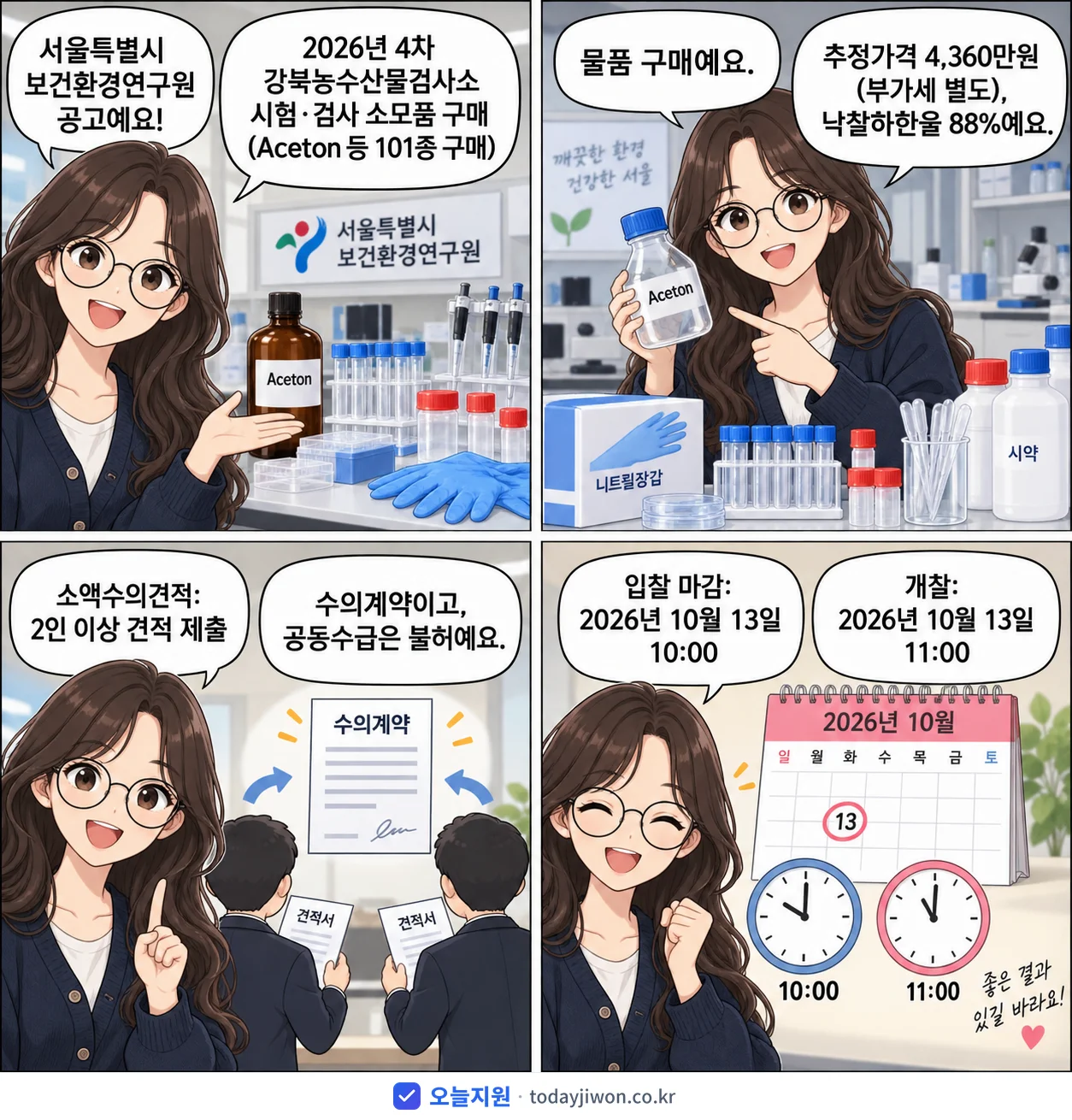 4컷 만화로 보는 공고: 서울특별시 보건환경연구원 '4차 강북농수산물검사소 시험·검사 소모품 구매 (Aceton 등 101…', 추정가격 4,360만원, 입찰 마감 10/13 10:00