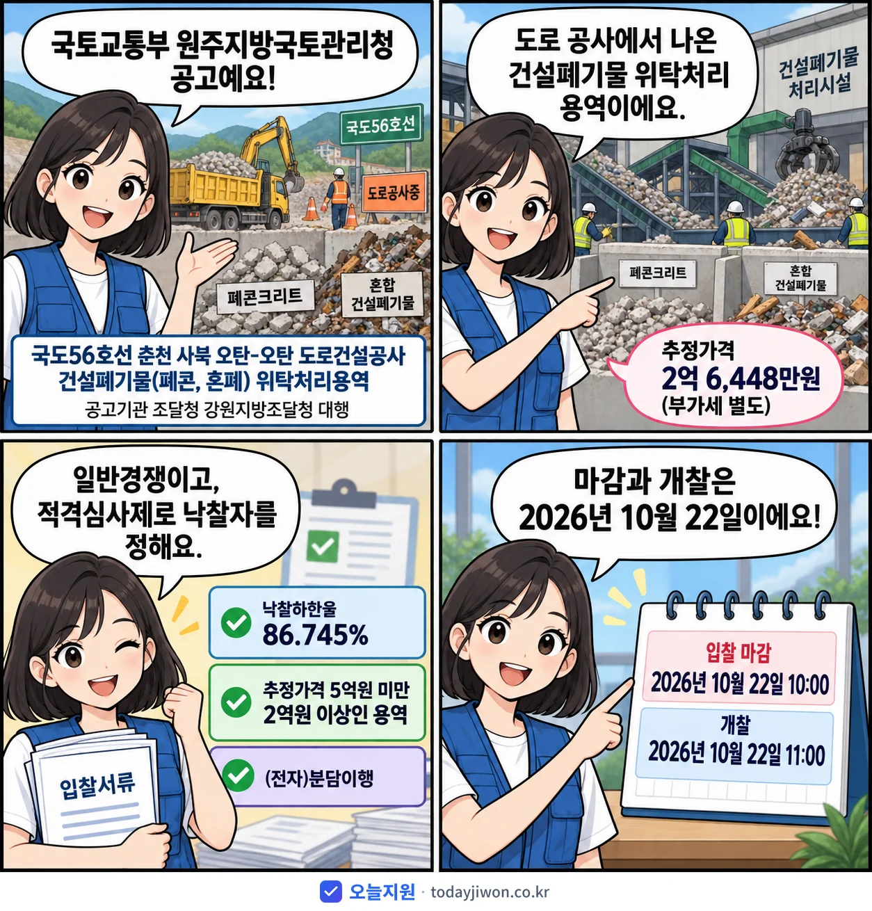 4컷 만화로 보는 공고: 국토교통부 원주지방국토관리청 '국도56호선 춘천 사북 오탄-오탄 도로건설공사 건설폐기물(폐콘, 혼폐)…', 추정가격 2억 6,448만원, 입찰 마감 10/22 10:00